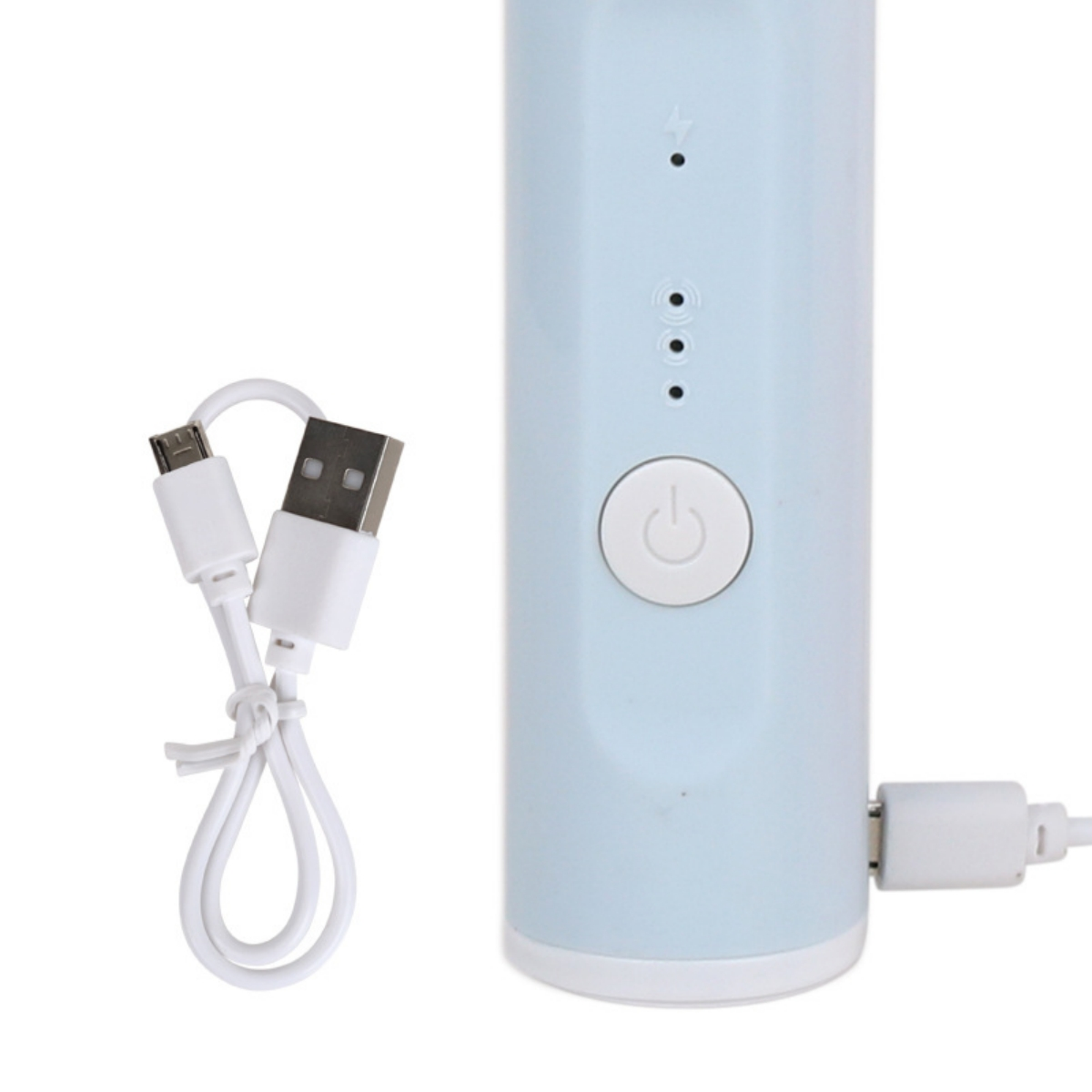 Hellblaues Gerät mit weißem USB-Kabel. Es hat einen Ein-/Ausschalter und Ladeanzeigen.
