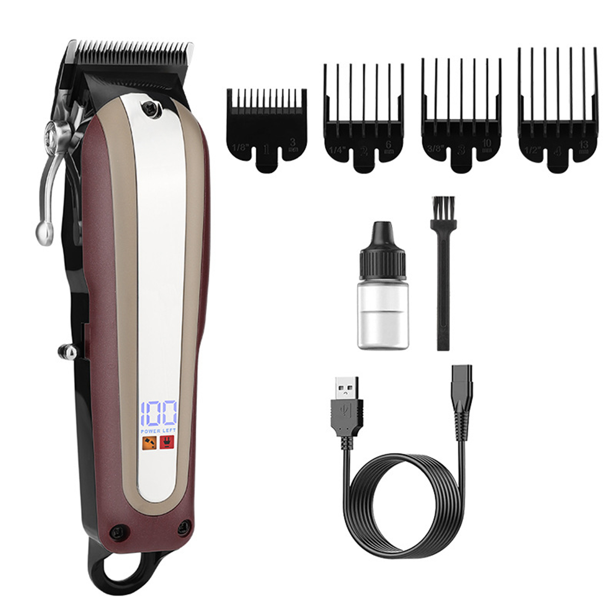 Ein Haarschneider und Zubehör. Leistungsanzeige. Weißer Hintergrund.