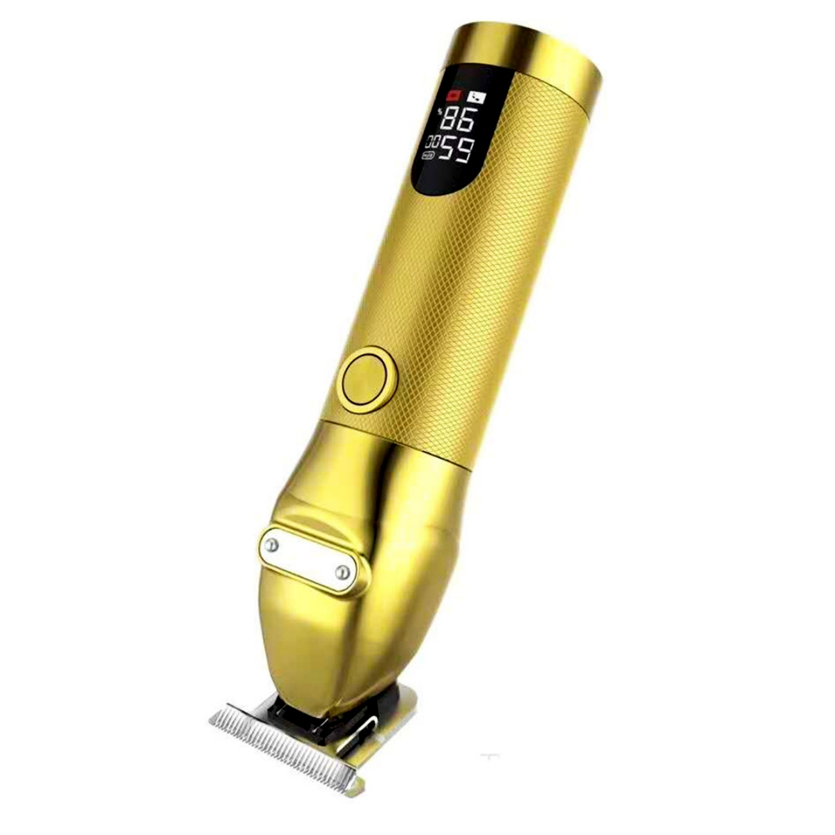 Goldener Haarschneider mit LCD-Bildschirm, der die Akkulaufzeit anzeigt. Er befindet sich auf weißem Hintergrund.