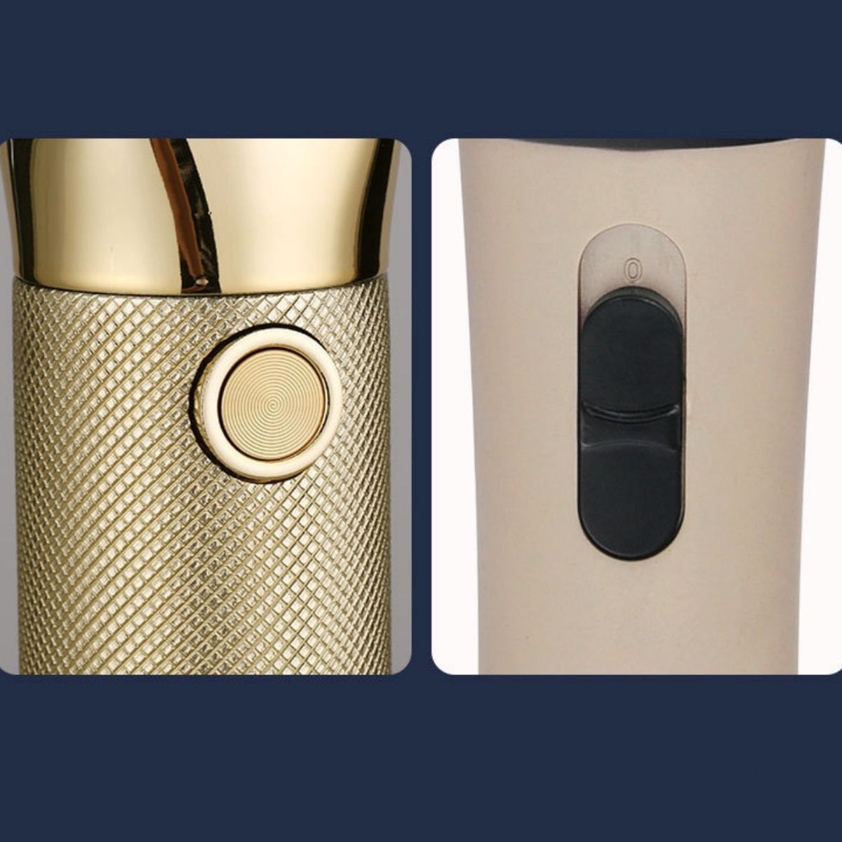 Nahaufnahme eines gold-schwarzen Haarschneiders mit Knöpfen und strukturiertem Design. Der Hintergrund ist dunkelblau.