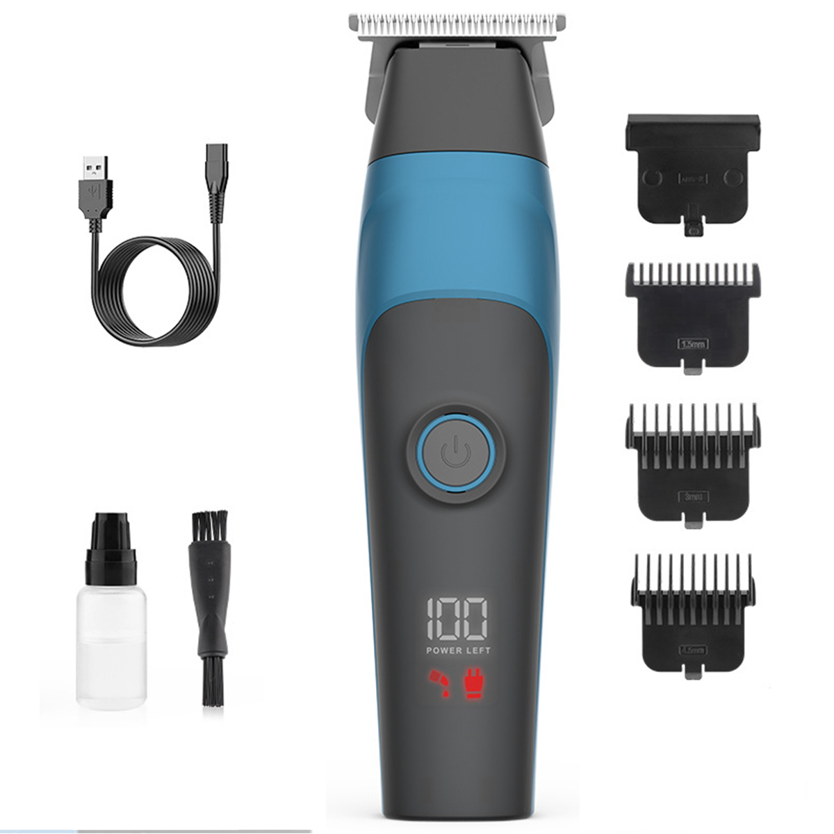 Schwarzer und blauer Haarschneider mit Aufsätzen. Power-On-Anzeige und Zubehör.