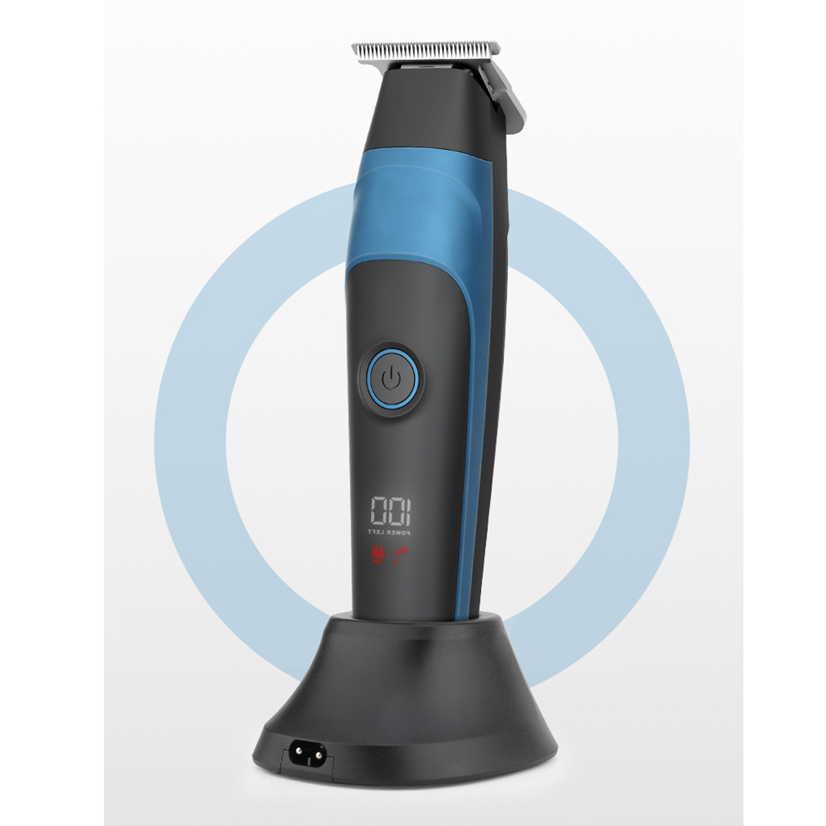 Schwarzer und blauer elektrischer Barttrimmer auf schwarzer Ladestation, mit blauem Kreis.