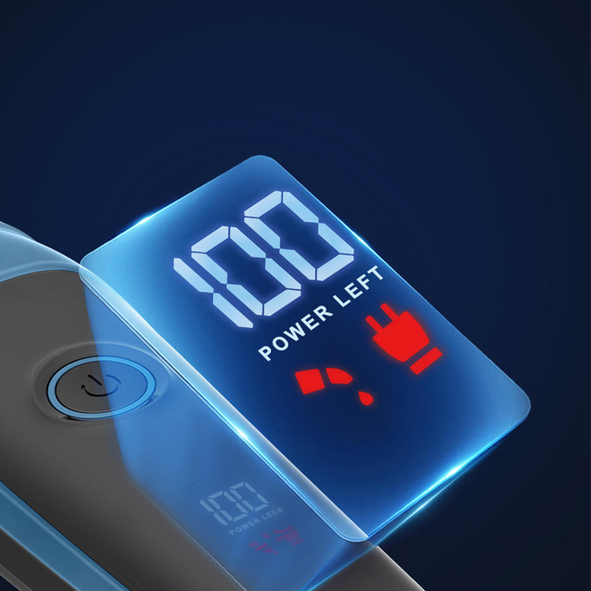 Nahaufnahme eines elektronischen Gerätebildschirms mit der Anzeige '100 POWER LEFT' und einem Batteriesymbol. Blauer Hintergrund.