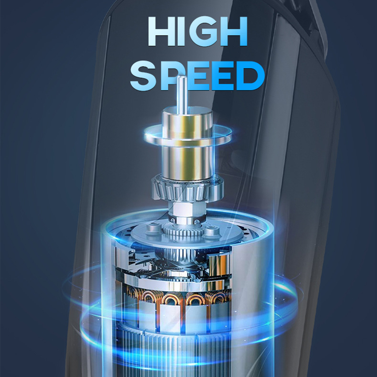Nahaufnahme des Innenlebens eines Geräts mit dem Text 'HIGH SPEED', blauer Glüheffekt.