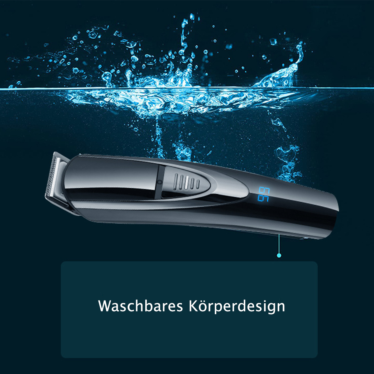 Ein elektrischer Rasierer im Wasser. Der Text '    