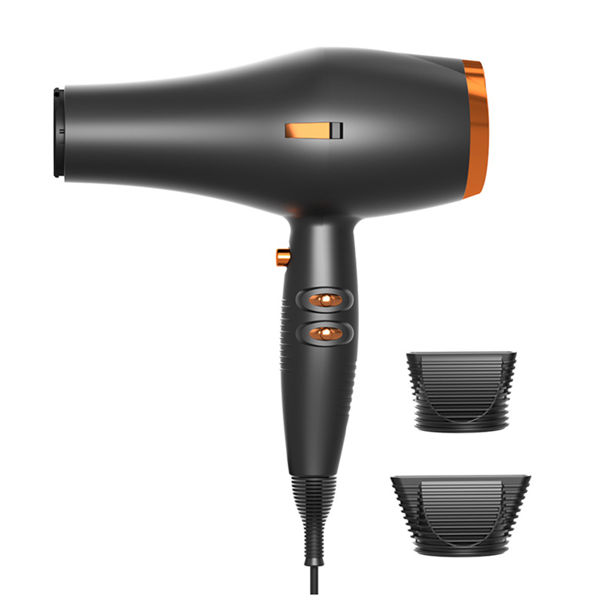 Schwarzer Haartrockner mit zwei Aufsätzen und Netzkabel. Orangefarbene Akzente.