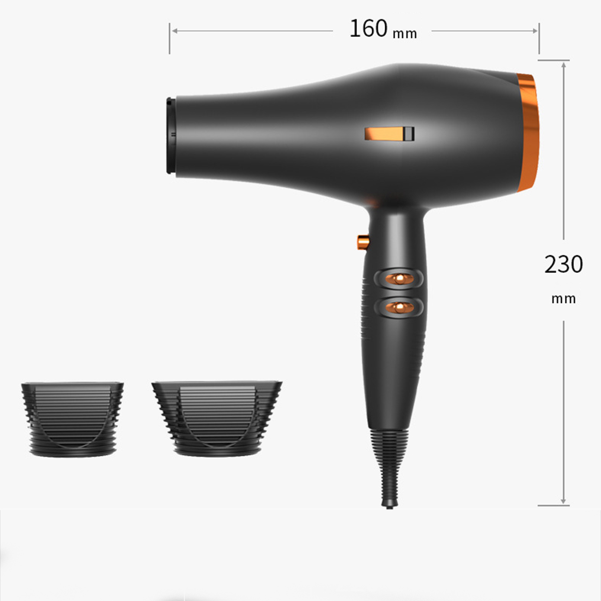 Schwarzer Haartrockner mit orangefarbenen Akzenten, zwei Aufsätzen, Abmessungen. Weißer Hintergrund.