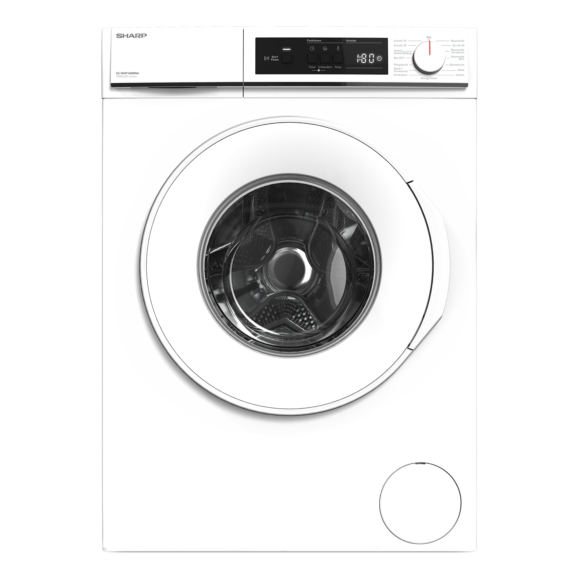 Weiße Waschmaschine, Vorderansicht. Kreisförmige Tür mit Bedienfeld oben. Weißer Hintergrund.