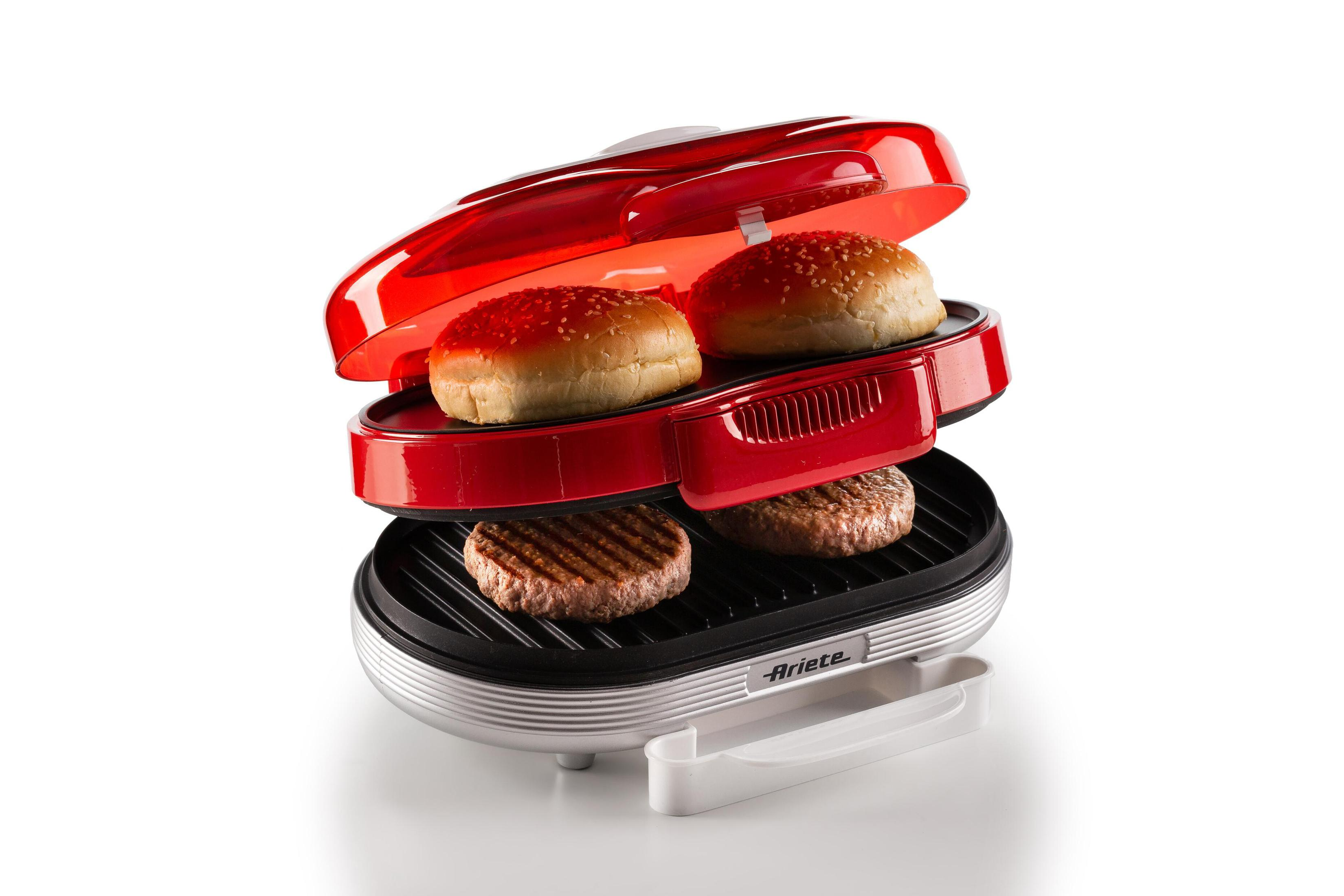 Roter Burgergrill mit zwei Burger-Patties und Brötchen.