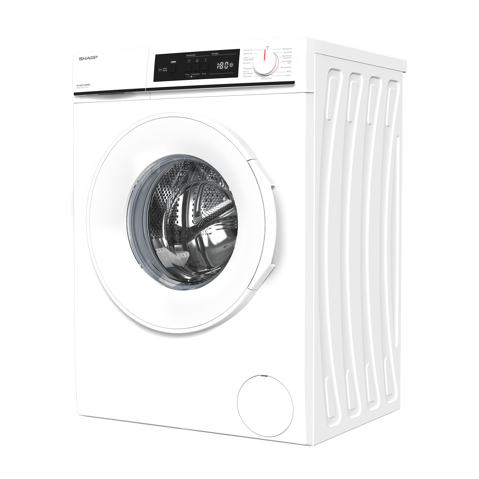 Eine weiße Waschmaschine mit runder Tür. Sie hat ein digitales Display und einen Drehknopf.