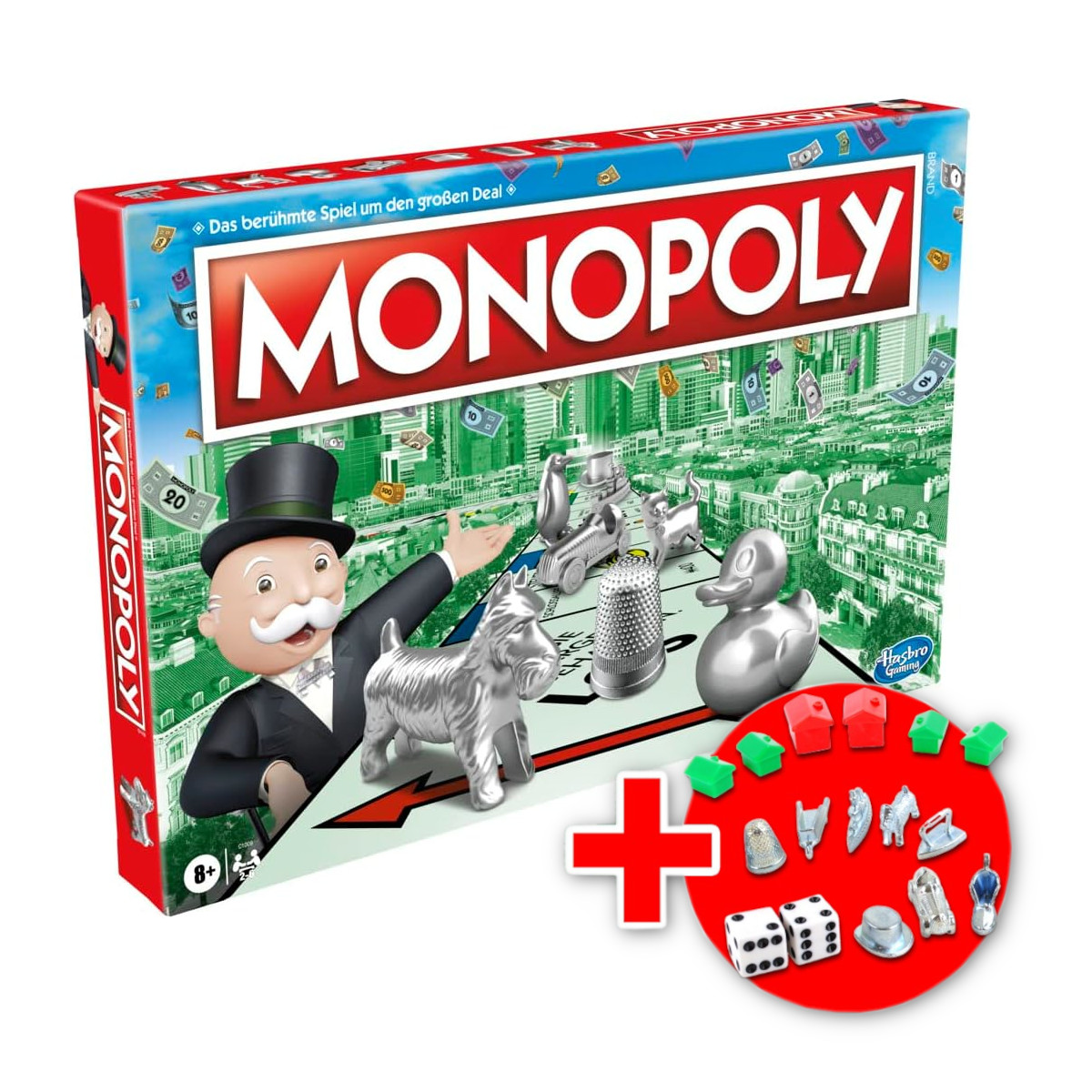 mit Classic Brettspiel Hotels Monopoly EXTRA Figuren, & Häusern Set - Würfeln, HASBRO inkl.