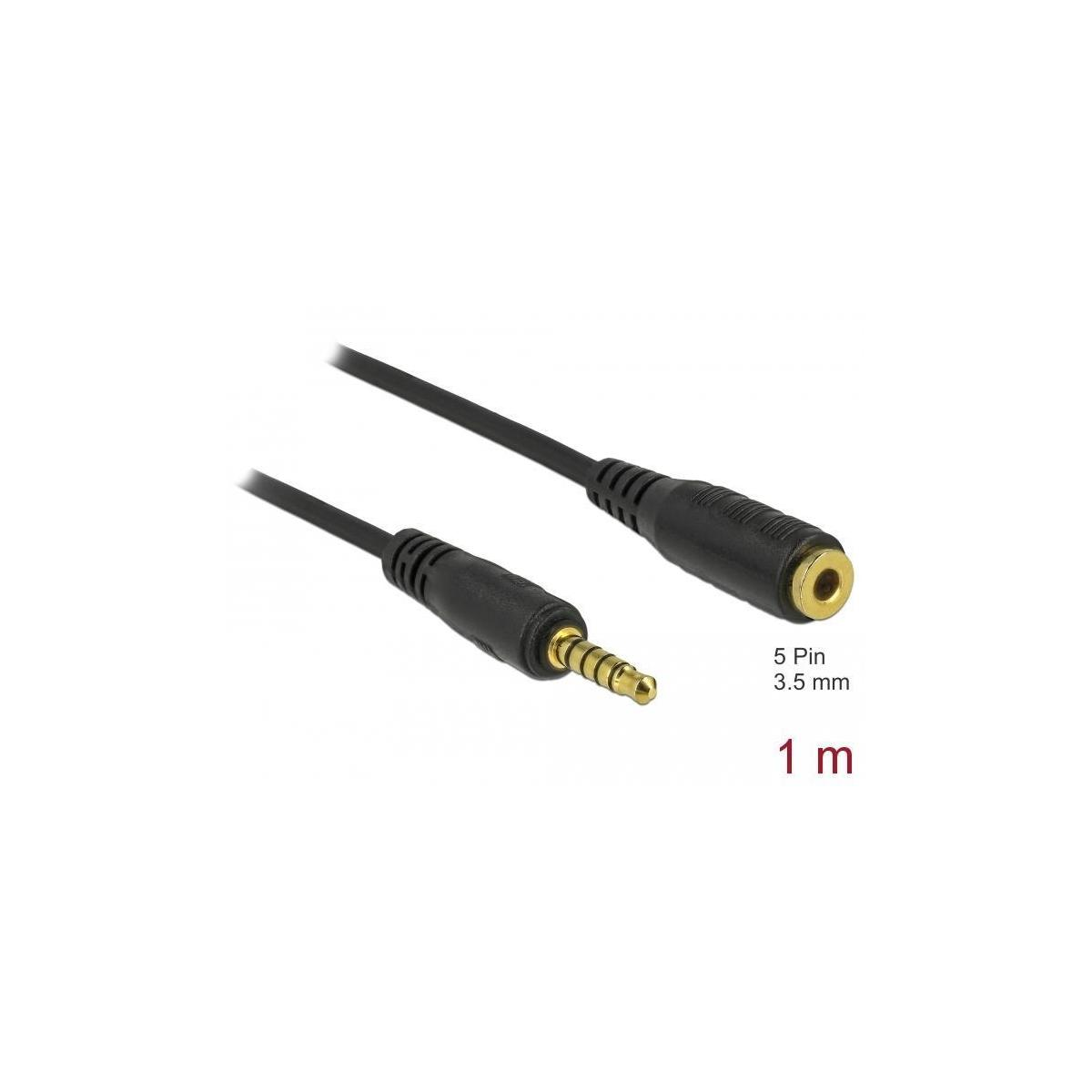Schwarzes Audiokabel mit 3,5-mm-Stecker und Buchse, goldfarben.