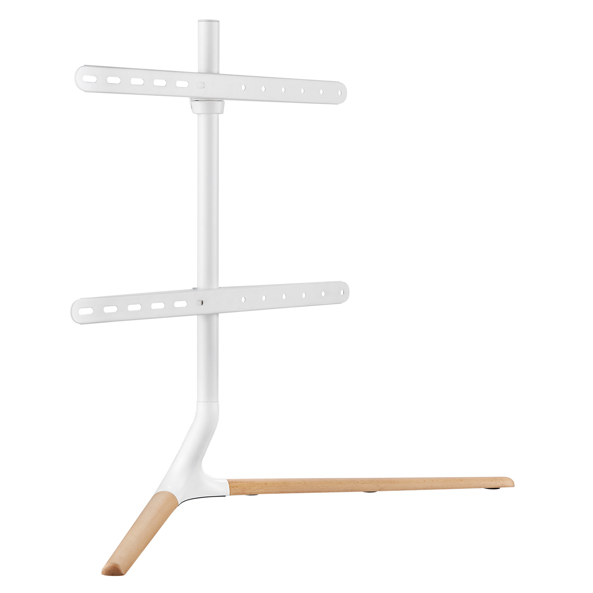 Weißer TV-Ständer mit Holzsockel und zwei horizontalen Stangen. Weißer Hintergrund.
