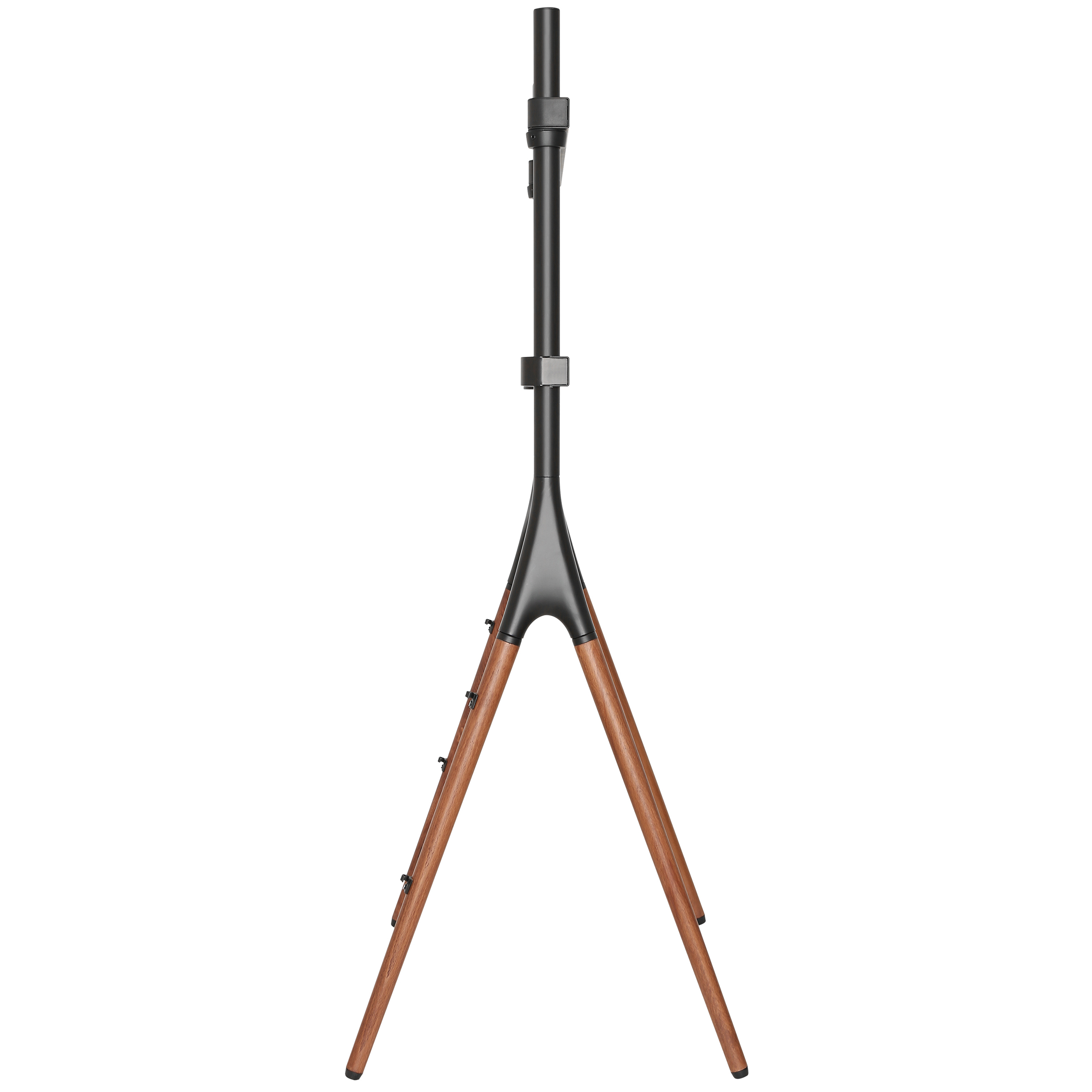 Ein schwarz-brauner TV-Ständer mit zentraler Stange und drei Beinen. Die Beine sind aus Holz.