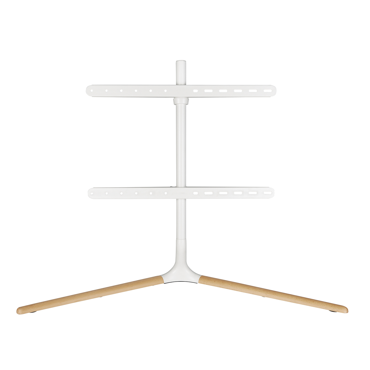Ein weißer TV-Ständer mit Holzbeinen. Er hat eine Stützsäule für den Fernseher mit zwei horizontalen Balken.