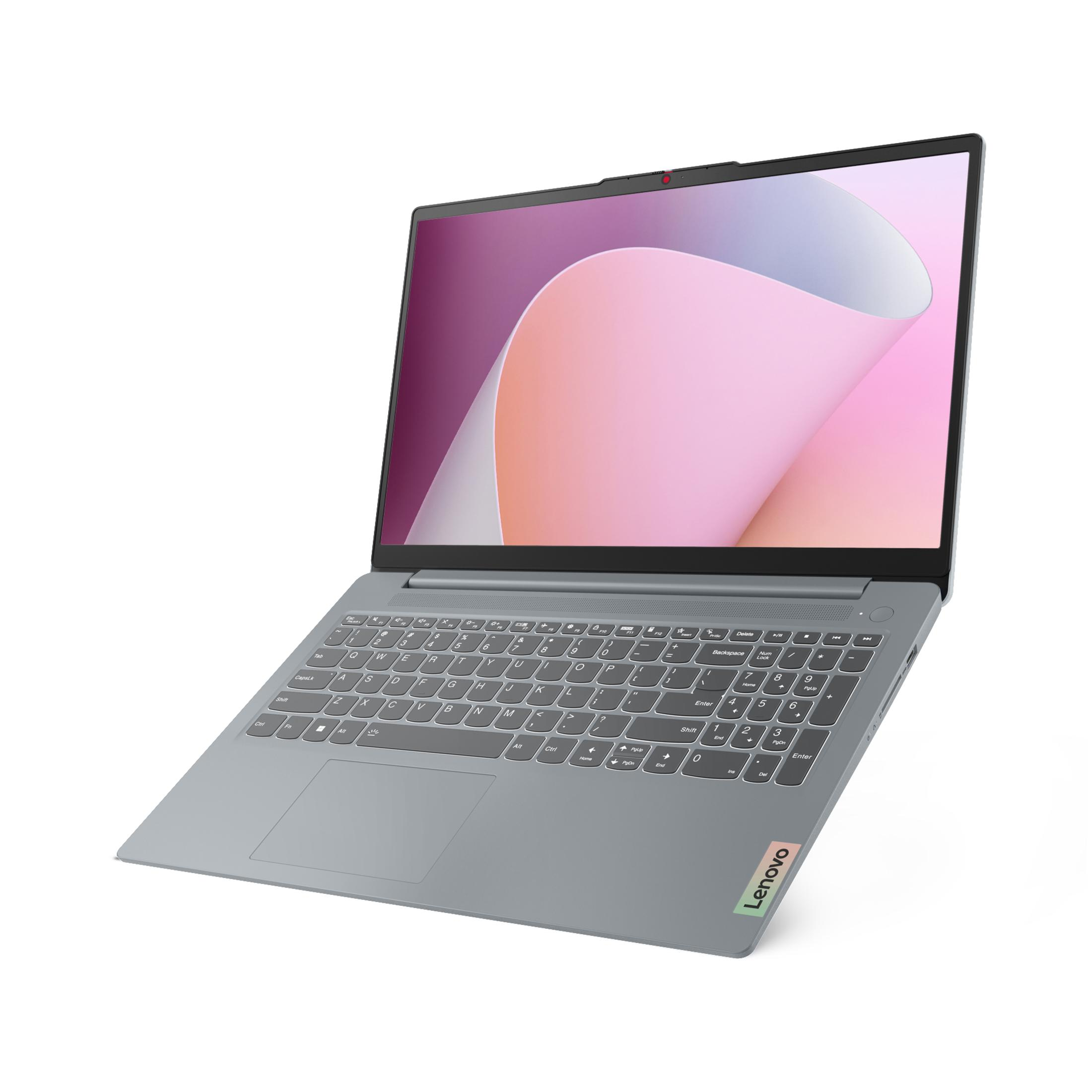 Ein grauer Laptop mit hellrosa und lila Bildschirm auf weißem Grund.