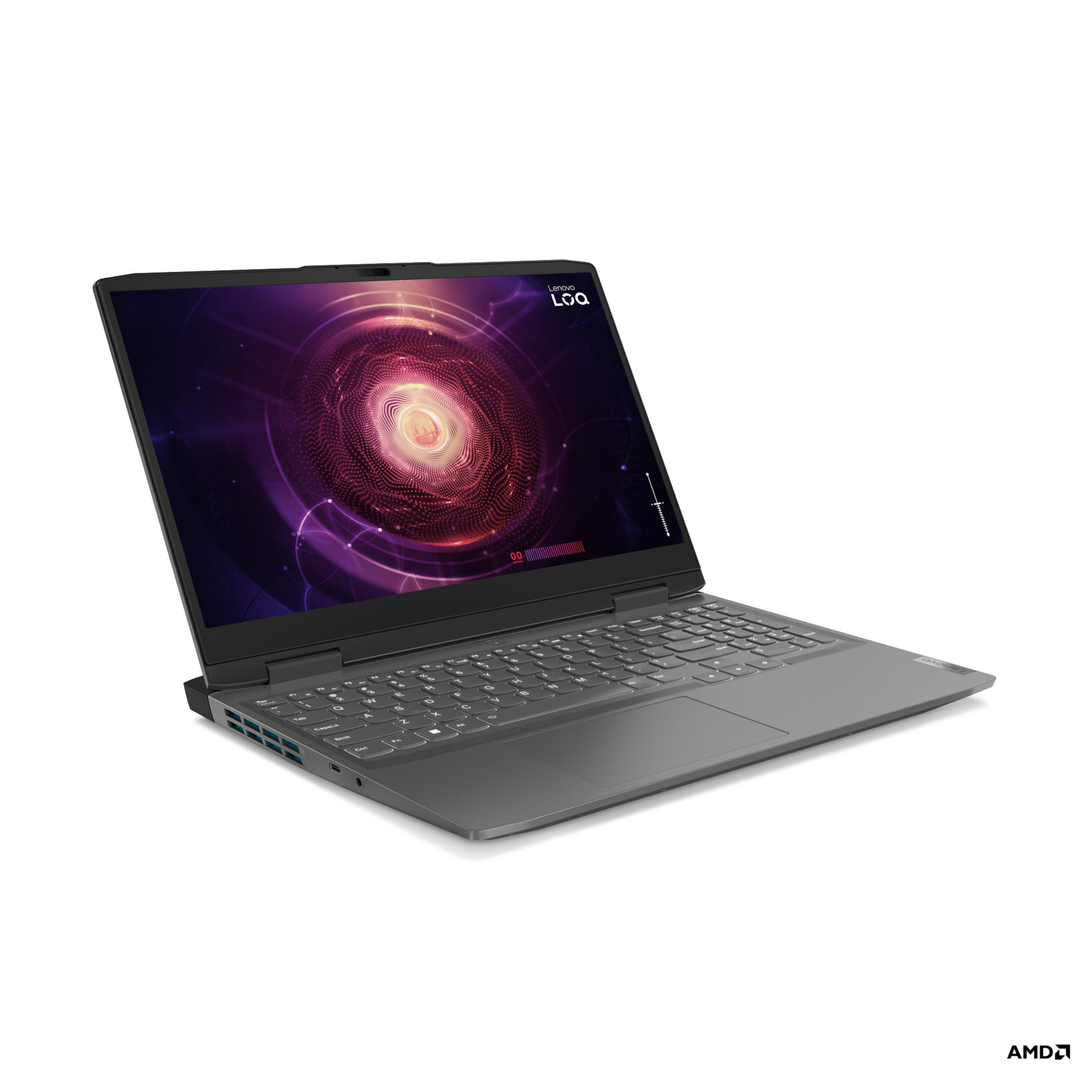 Ein grauer Laptop mit einem lila und schwarzen gemusterten Bildschirm. Der Bildschirm ist geöffnet und zeigt die Tastatur und das Logo.