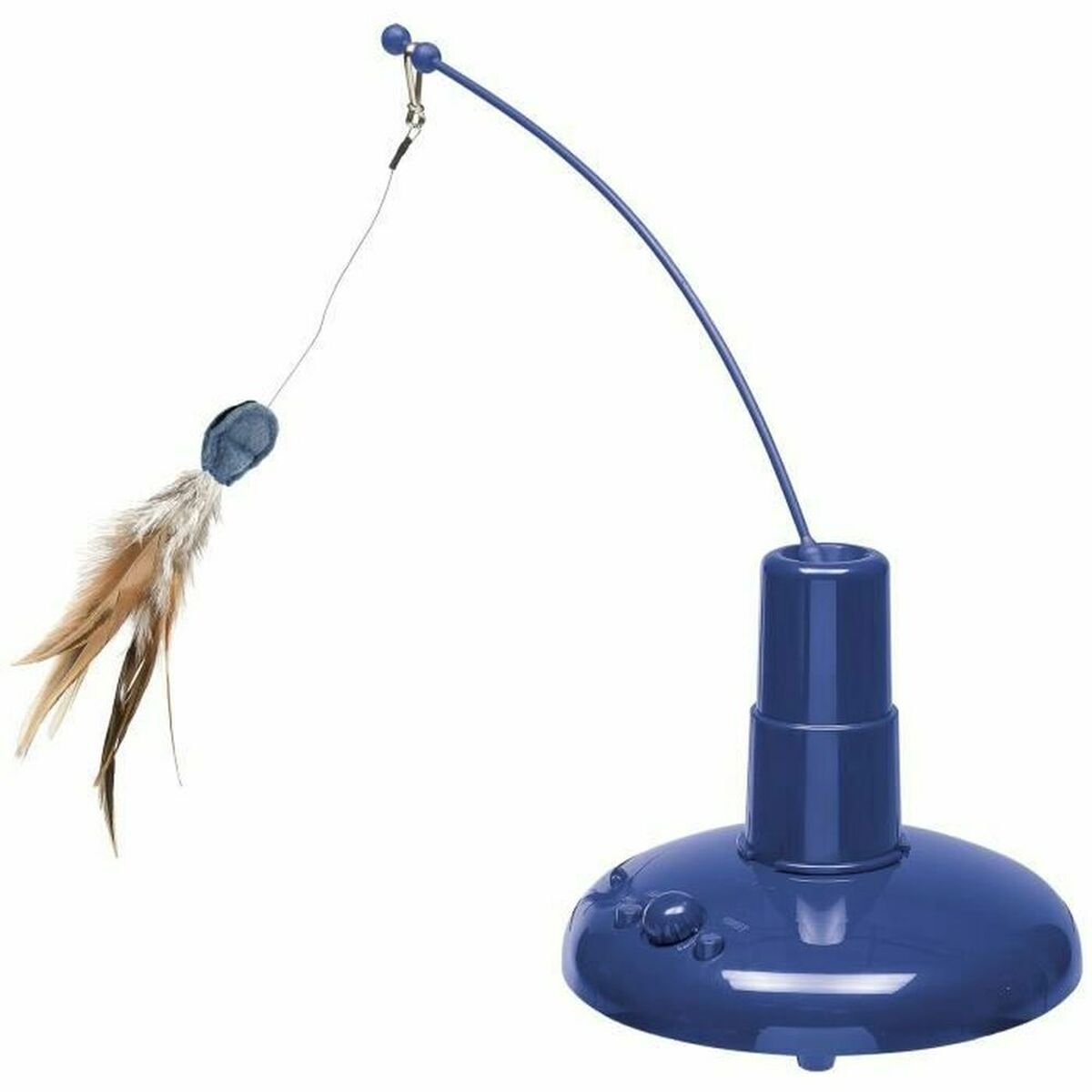 Giocattolo blu per gatti con una piuma su un filo. La base è blu e ha dei pulsanti.
