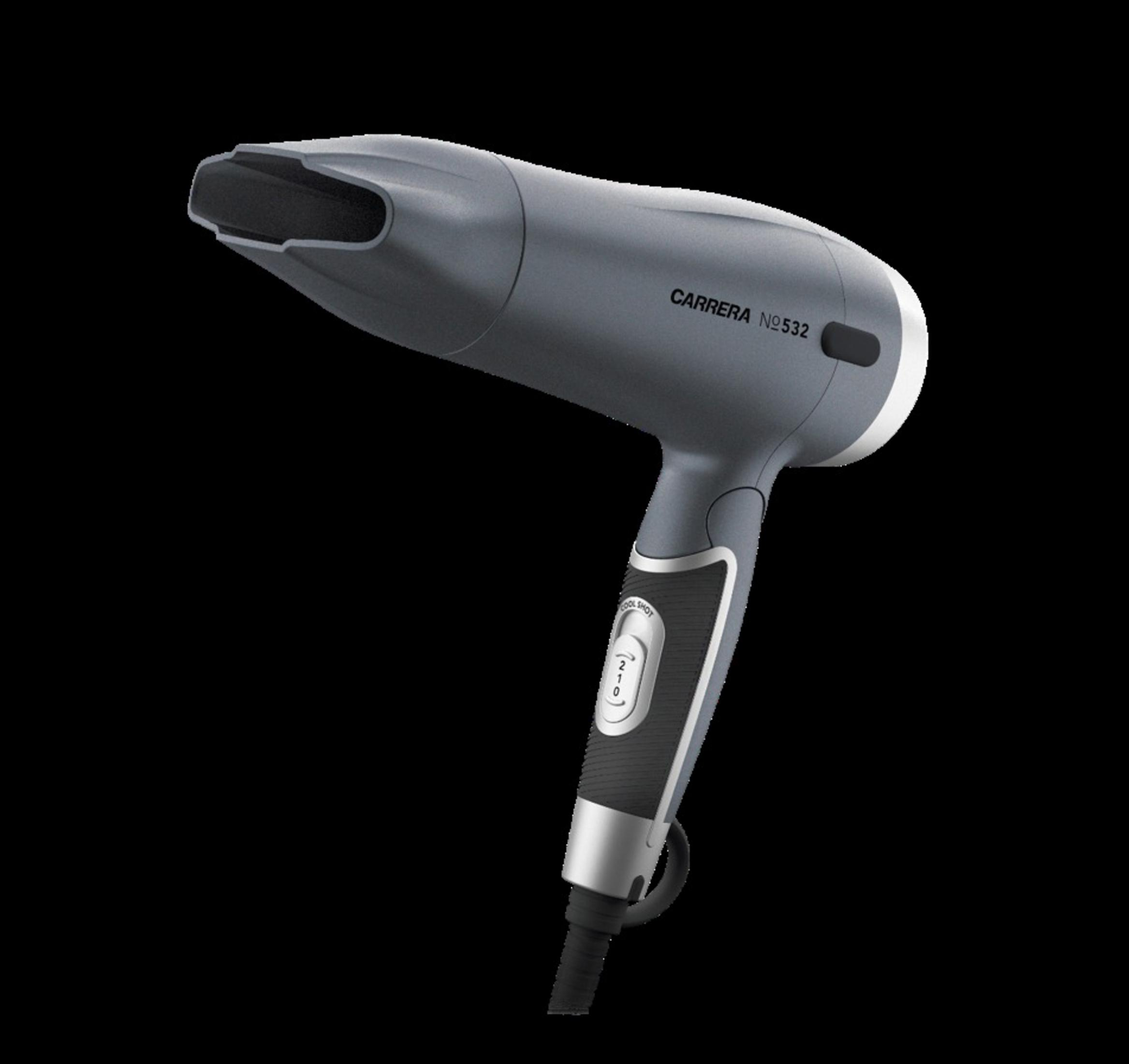 Gray hair dryer with the name Carrera. The power cord is visible, on black backdrop.