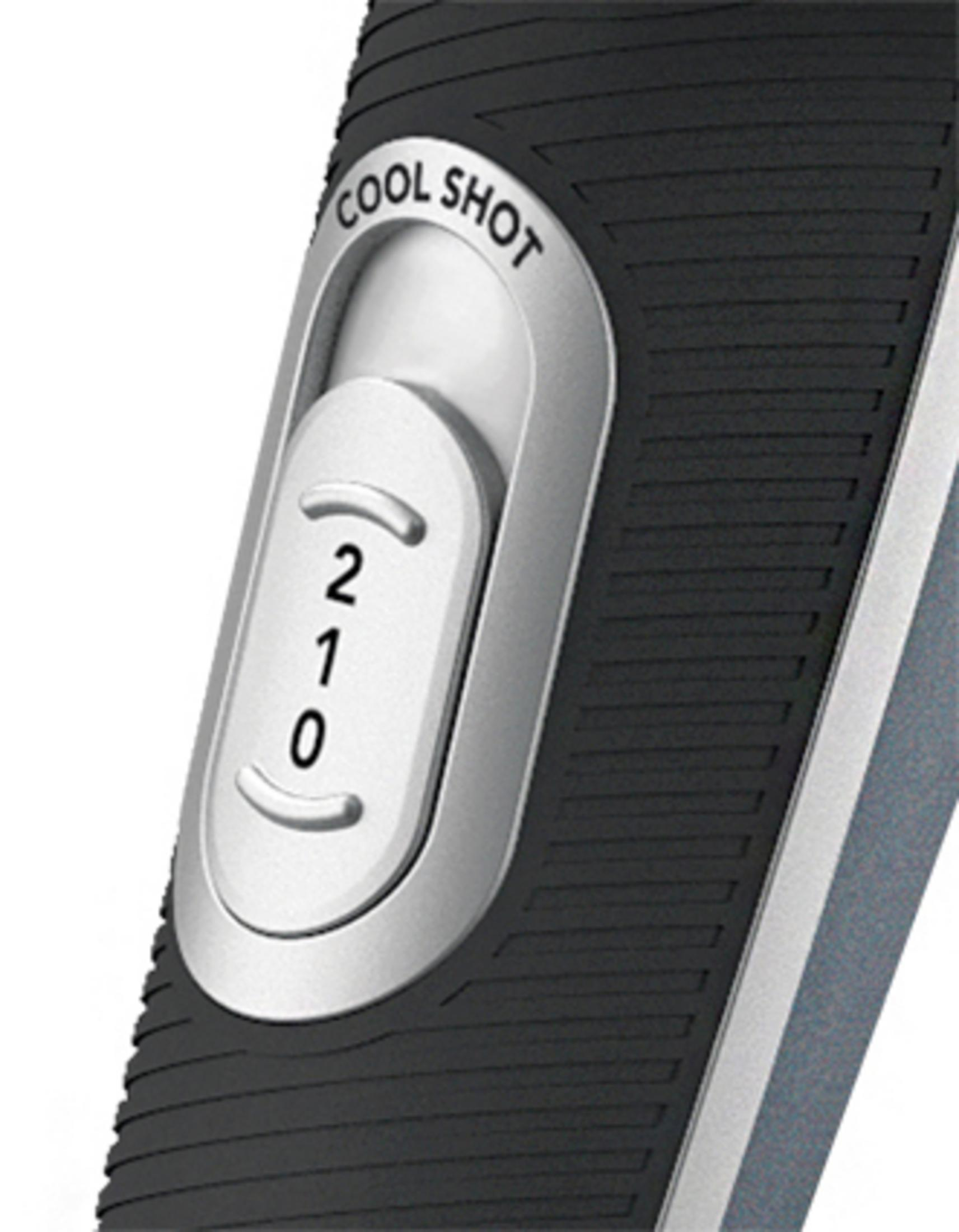 Close-up of a shaver's power setting dial. It is black and gray.