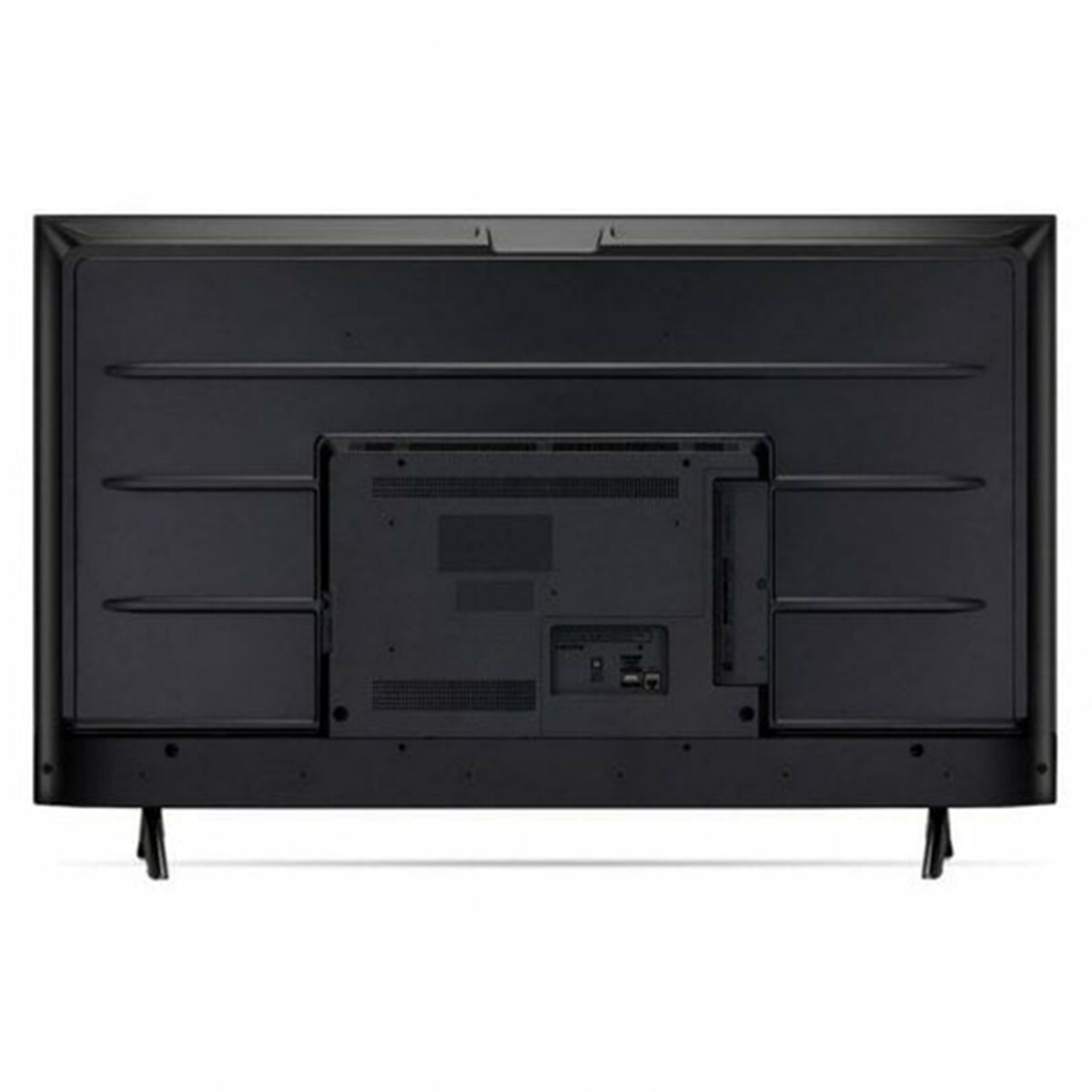 Tył czarnego telewizora. Ma kilka portów i teksturowany tylny panel.