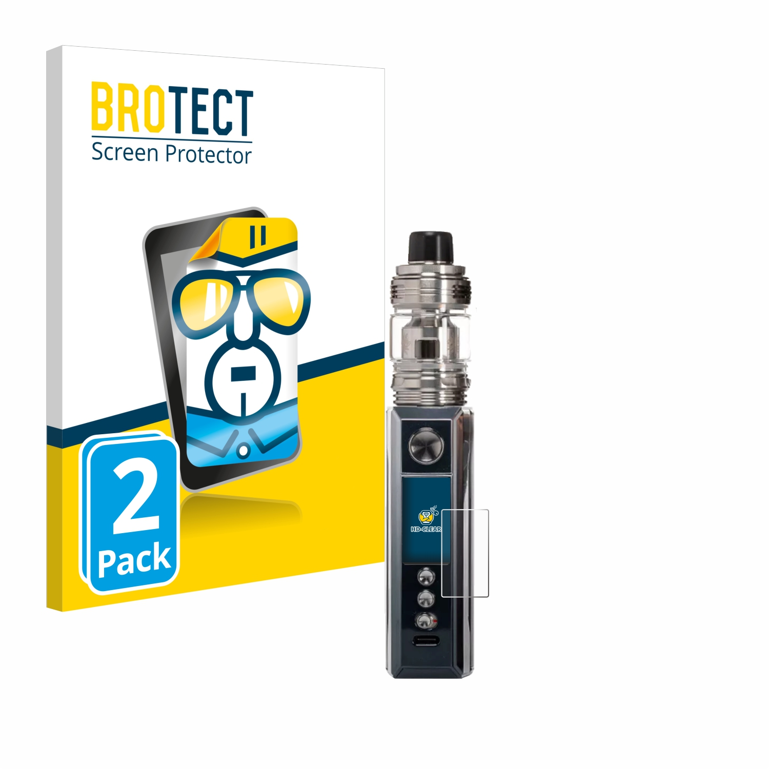 Eine Vape, eine Displayschutzfolienbox mit Telefongrafik und ein 2er-Pack-Etikett werden gezeigt.