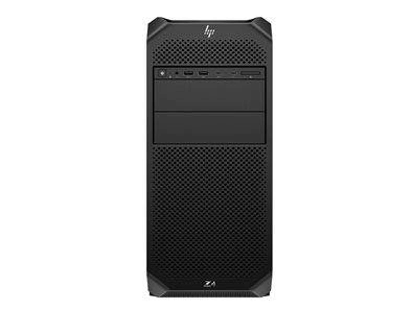Schwarzer HP Z4 Workstation-Computer. Er hat eine Mesh-Front und verschiedene Anschlüsse oben.