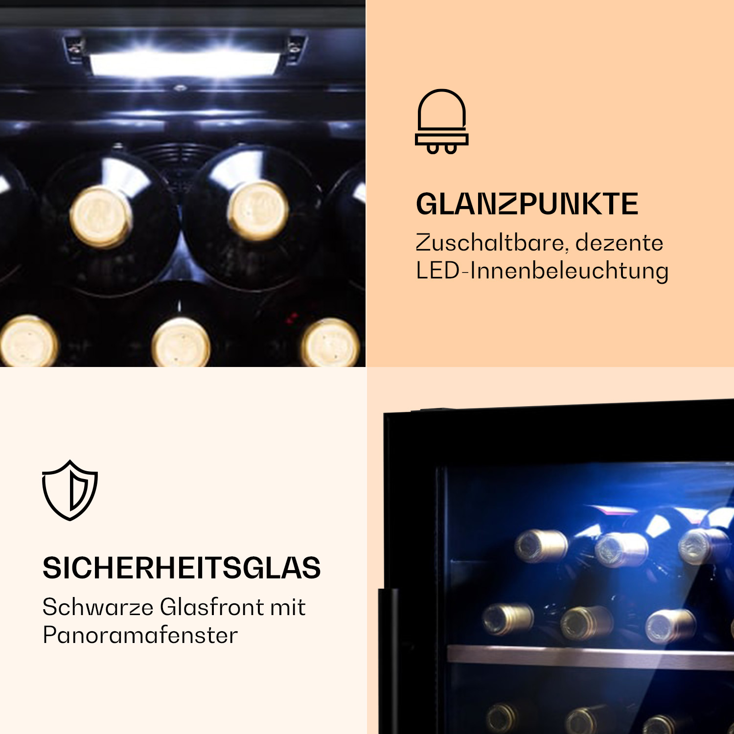 Weinkühlschrank-Innenraum mit Flaschen, LED-Beleuchtung und Glastür.