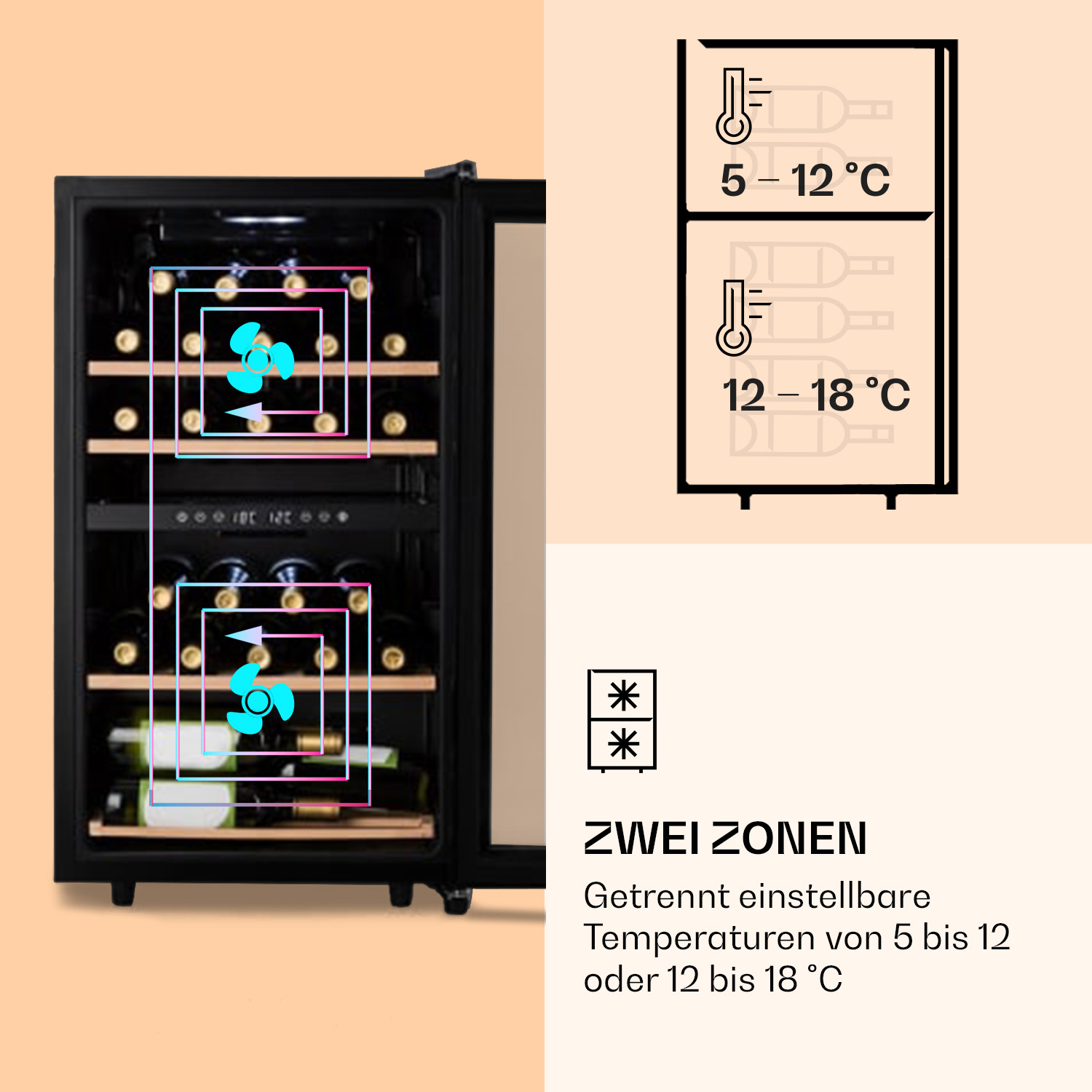 Innenansicht eines schwarzen Weinkühlers mit Flaschen, einem Ventilator und Temperaturanzeigen. Weißer Hintergrund.