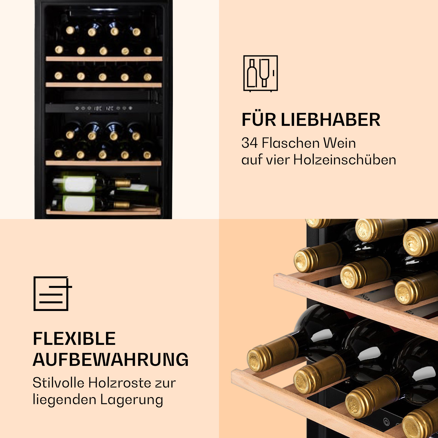 Weinkühler mit Weinflaschen und Text zur Weinlagerung. Holzregale und schwarze Außenseite.