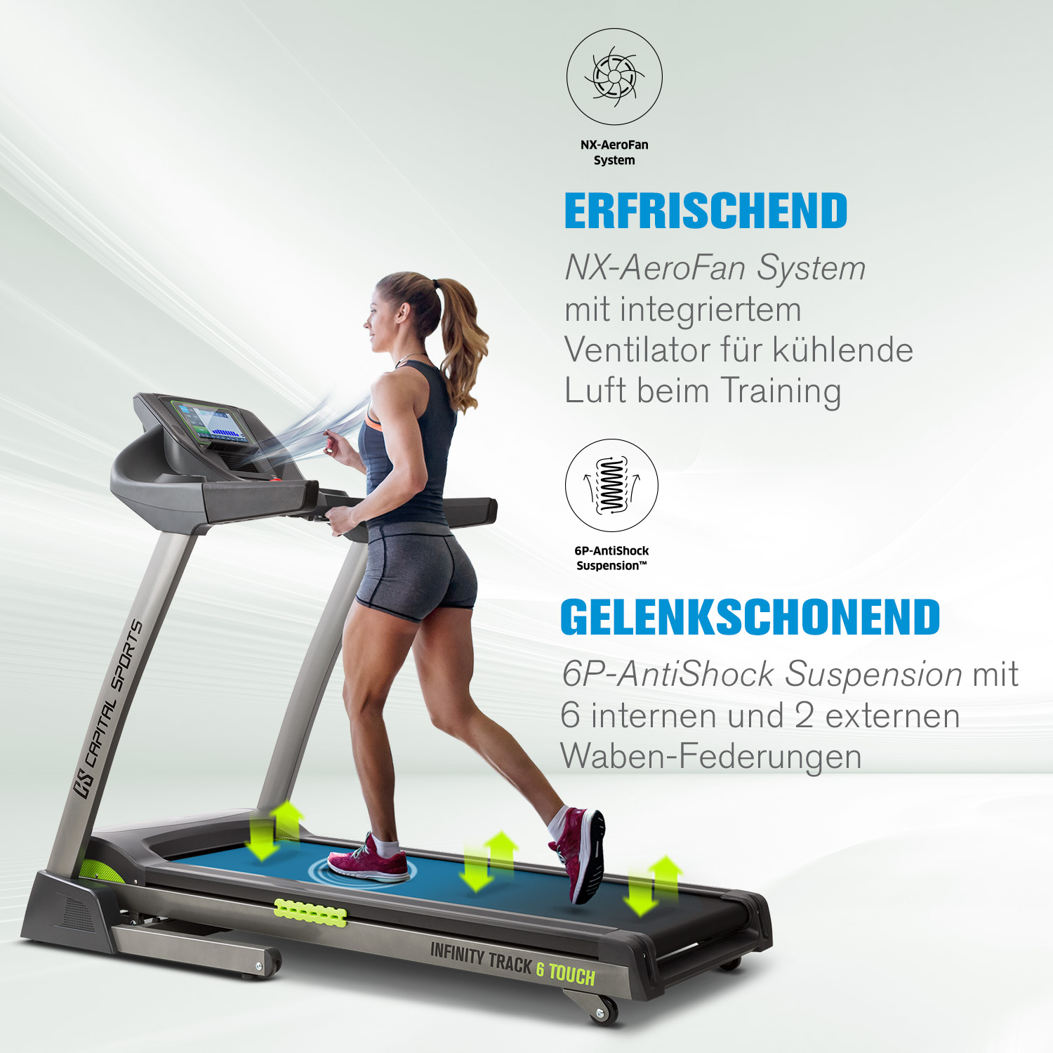 Eine Frau läuft auf einem Laufband. Das Laufband hat eine digitale Anzeige. Der Text ist auf Deutsch.