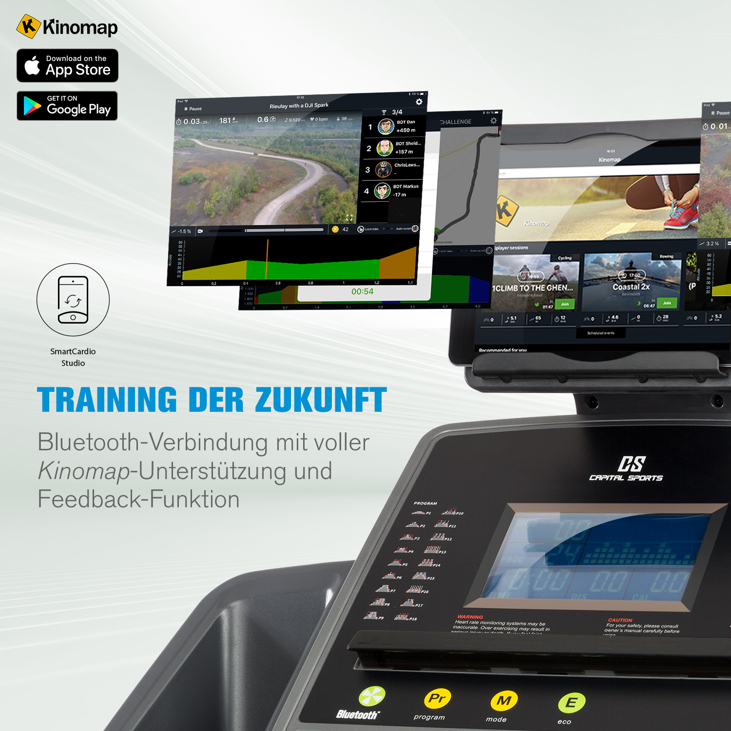 Una pantalla de cinta de correr muestra datos de entrenamiento, con capturas de pantalla de la aplicación y la frase 'Training der Zukunft'.