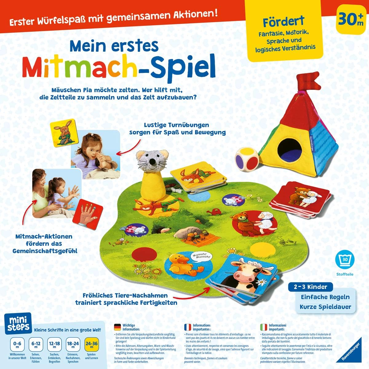 Ein Brettspiel mit Spielszene, zwei Kindern und einem Tipi. Die Szene beinhaltet Karten und Würfel.