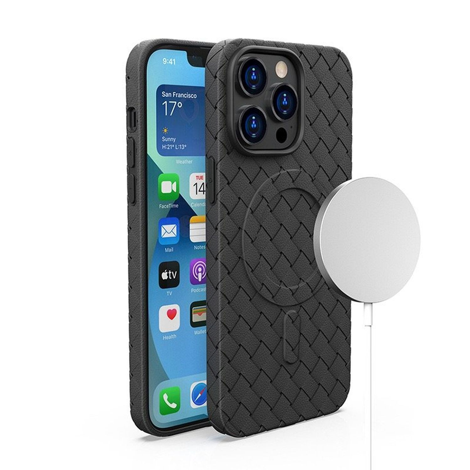 Telefono nero con custodia strutturata e caricatore wireless bianco.