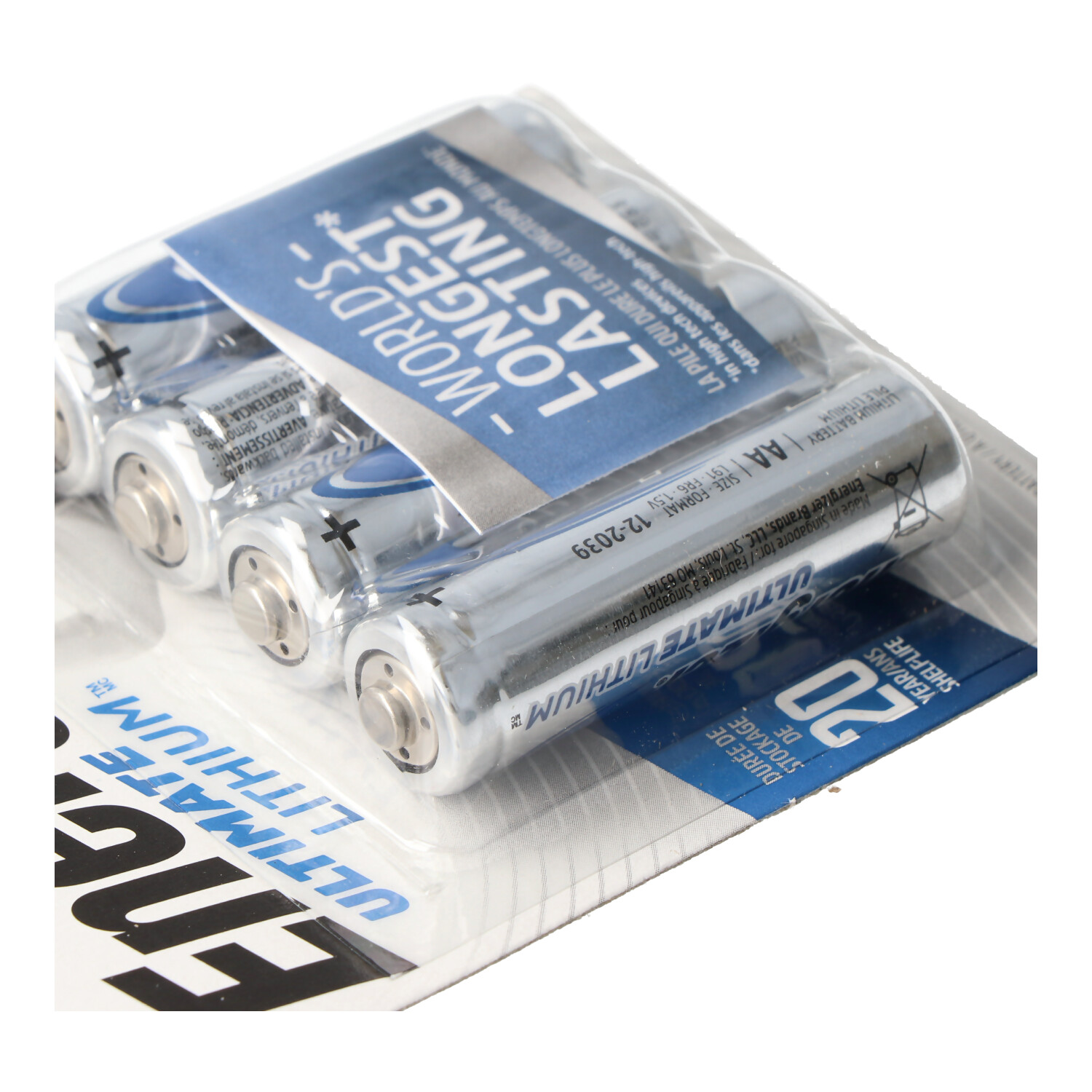 AA-Batterien in einer transparenten Kunststoffverpackung. Die Verpackung enthält das Wort 'WORLD'S LONGEST LASTING'.