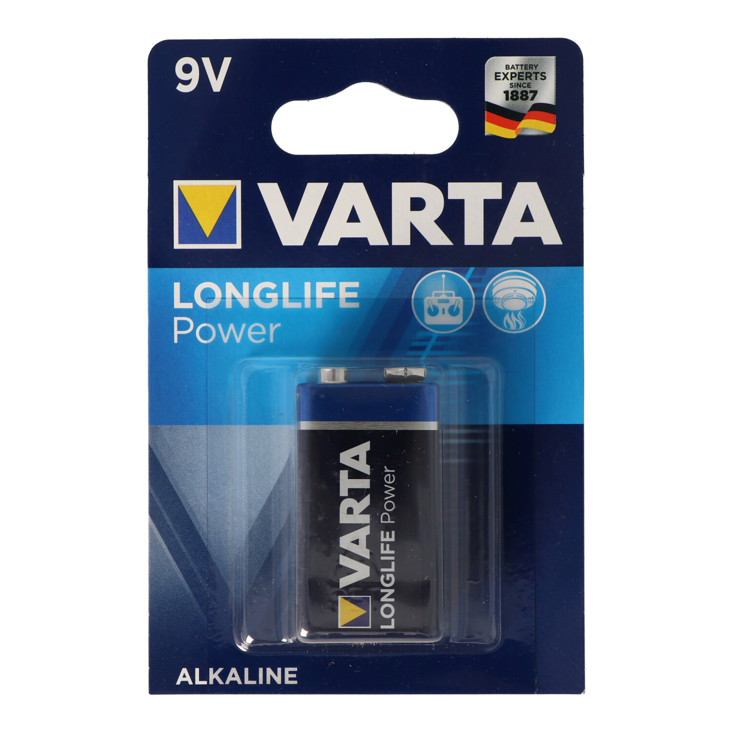 Ein 9V Varta Longlife Power Batteriepack. Die Batterie ist schwarz mit einer blau-weißen Verpackung.
