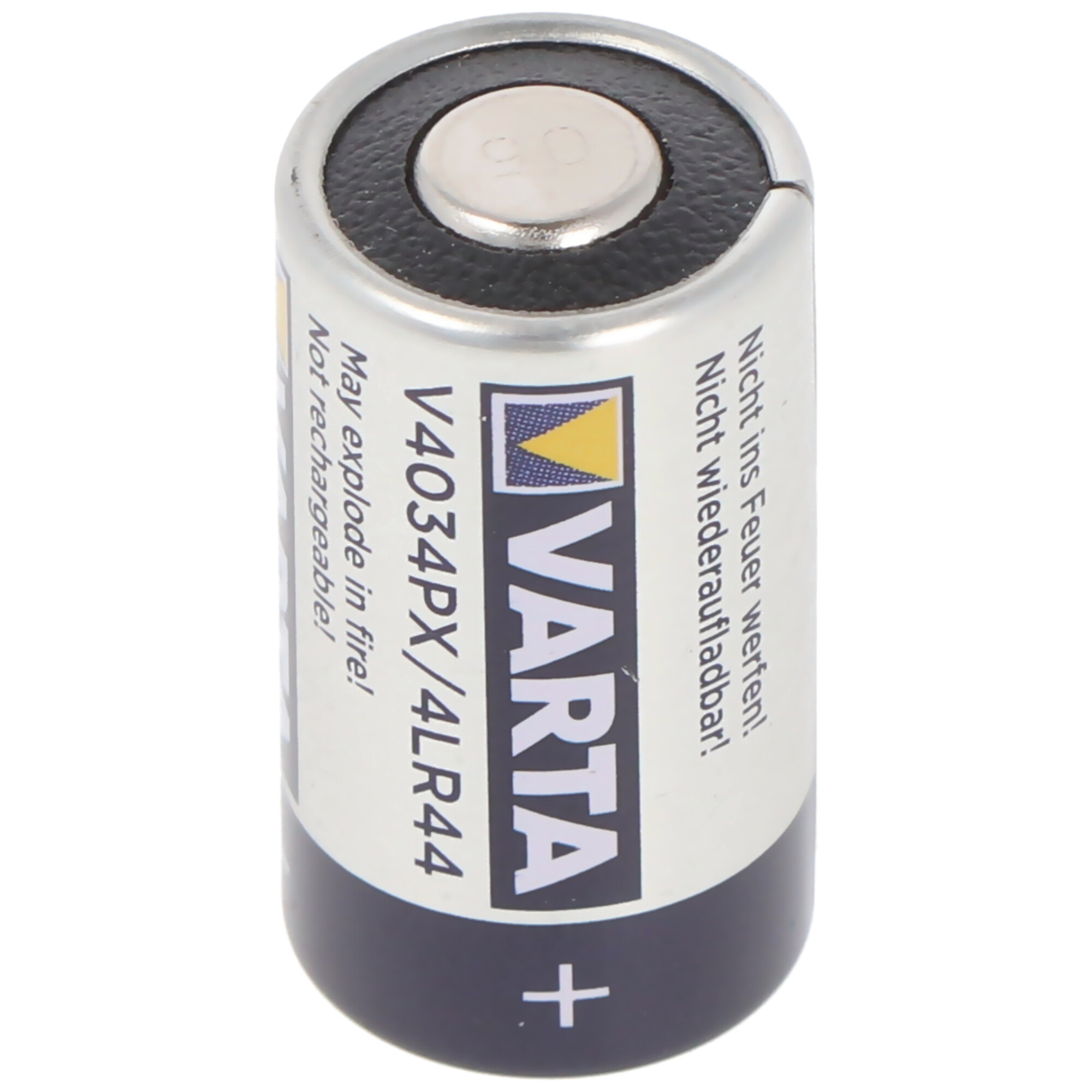 Cilindrische VARTA batterij met zwart en zilver label. Plus teken.