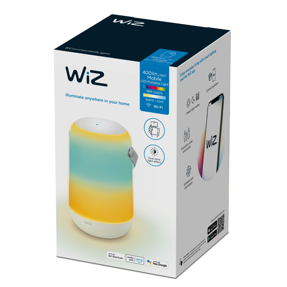 Witte en gekleurde WiZ slimme lichtbox. De doos toont de functies en de app aan de zijkant.