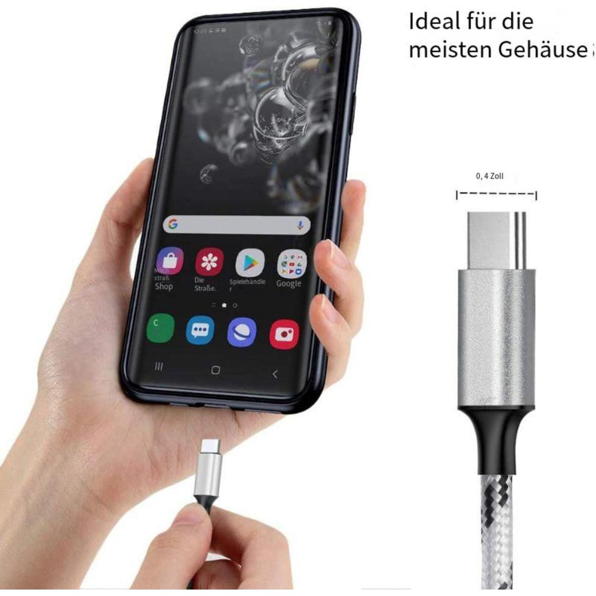 Hand hält ein Telefon mit angeschlossenem Ladekabel. Weißer Hintergrund.