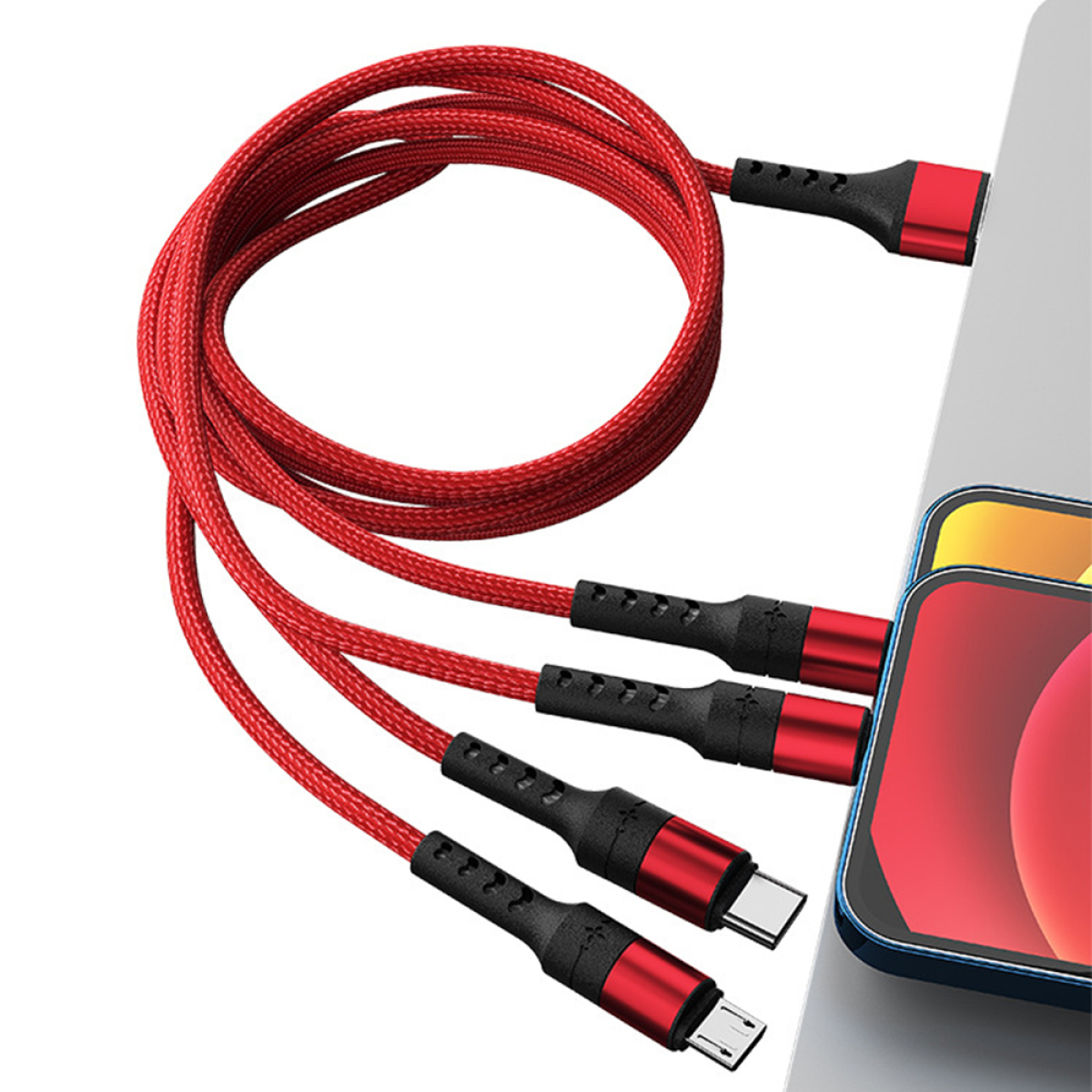 Rotes Multi-Ladekabel mit mehreren Spitzen. Blaues Telefon an der Seite.