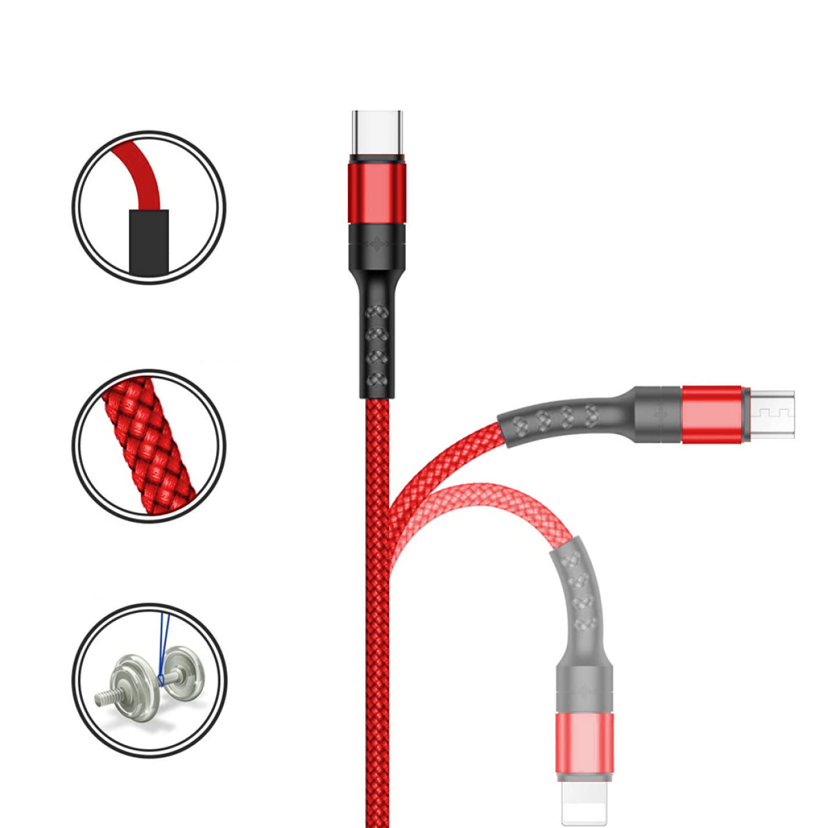 Ein rotes und schwarzes USB-Kabel mit mehreren Anschlüssen. Das Bild zeigt Nahaufnahmen der Kabeldetails.