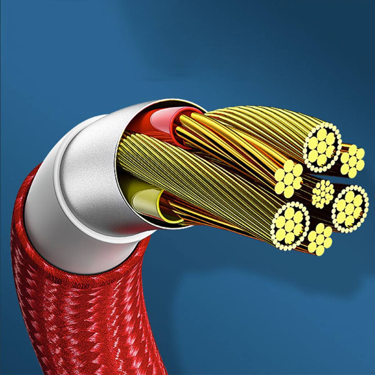 Schnitt durch ein rotes Kabel mit Kupferdrähten und Metallgehäuse auf blauem Hintergrund.