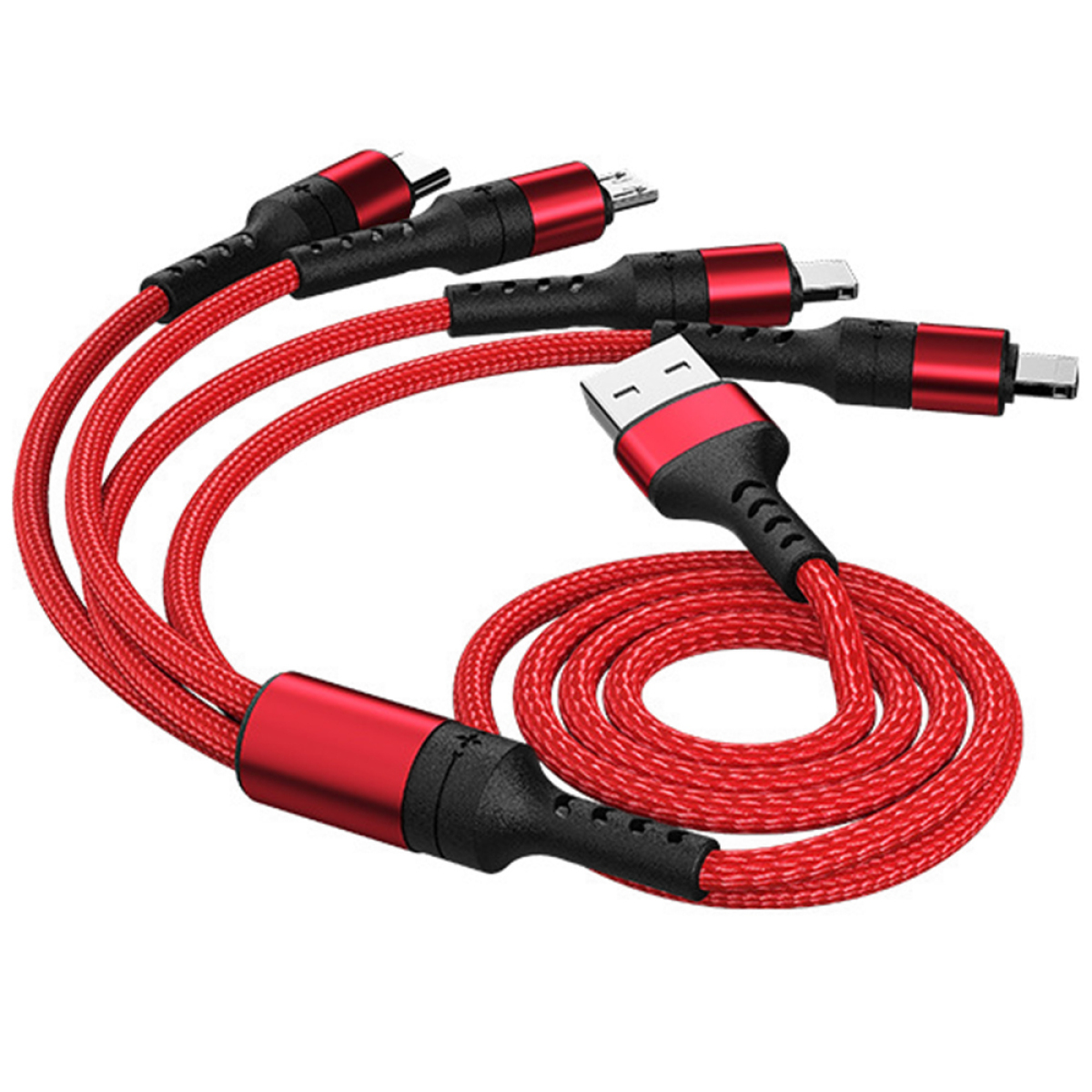 Rote geflochtene USB-Ladekabel mit mehreren Anschlüssen, einschließlich USB-C und Micro-USB.