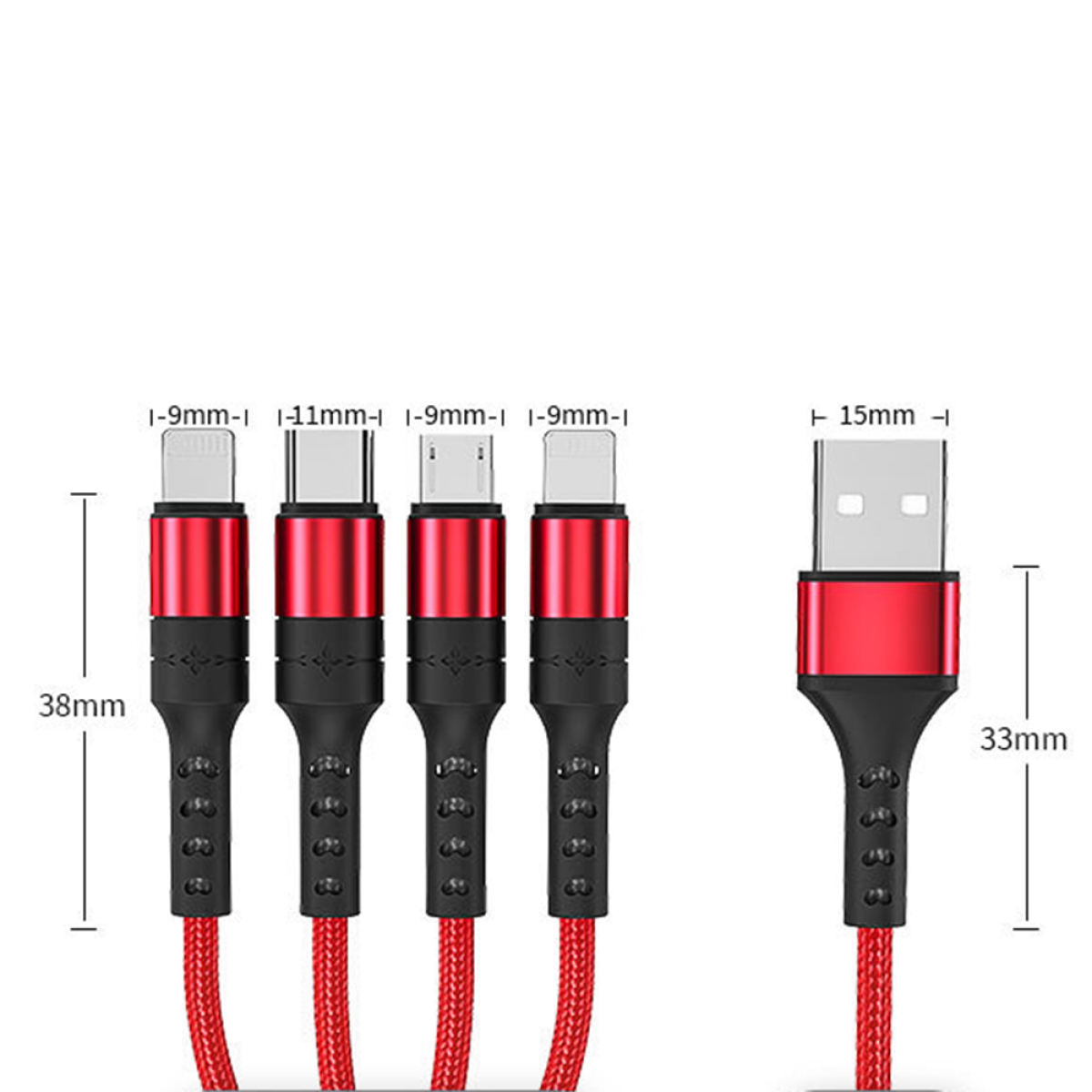 Mehrere USB-Ladekabel mit verschiedenen Köpfen und roten Kabeln, Abmessungen sind sichtbar.