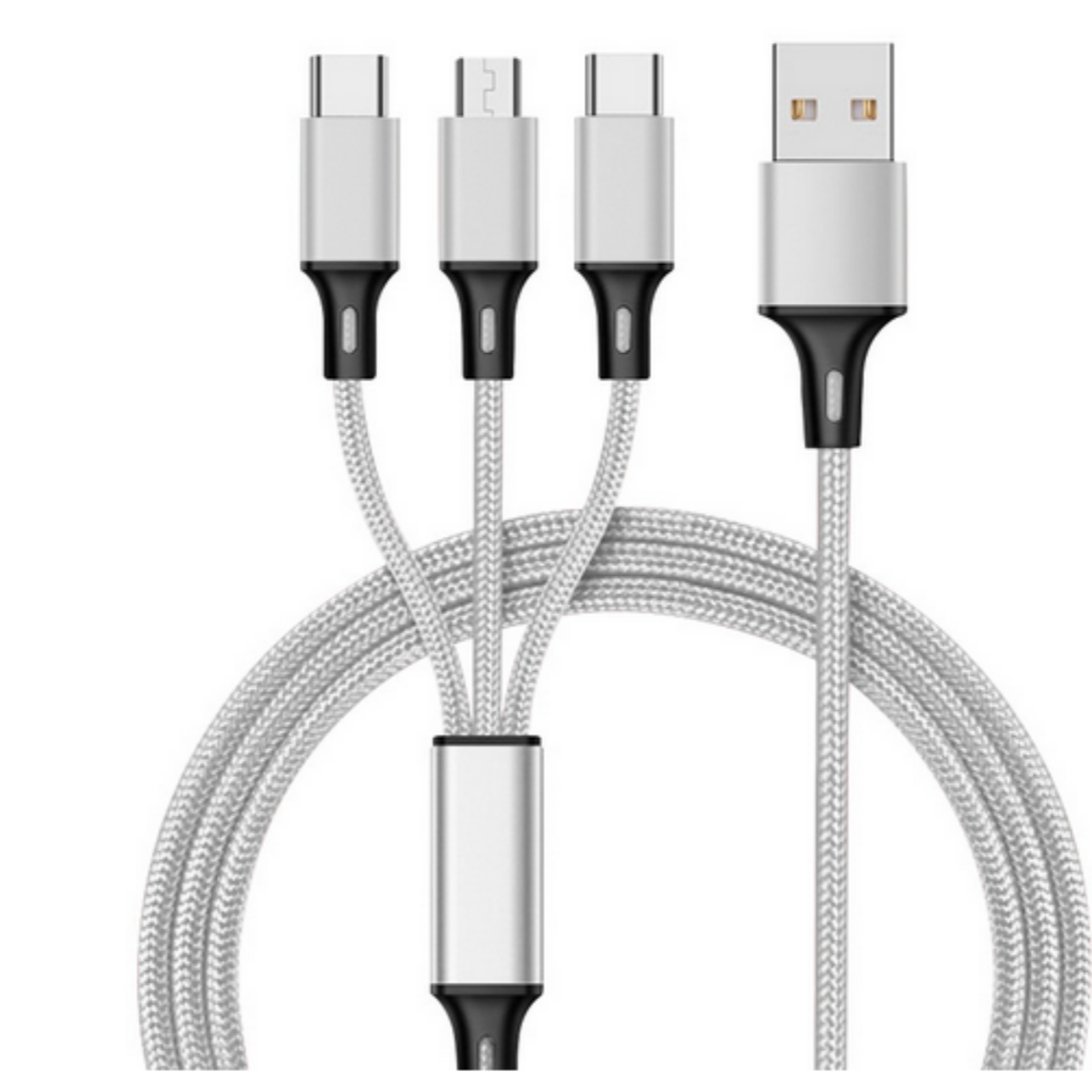 Ein weißes Ladekabel mit vier verschiedenen Anschlüssen.