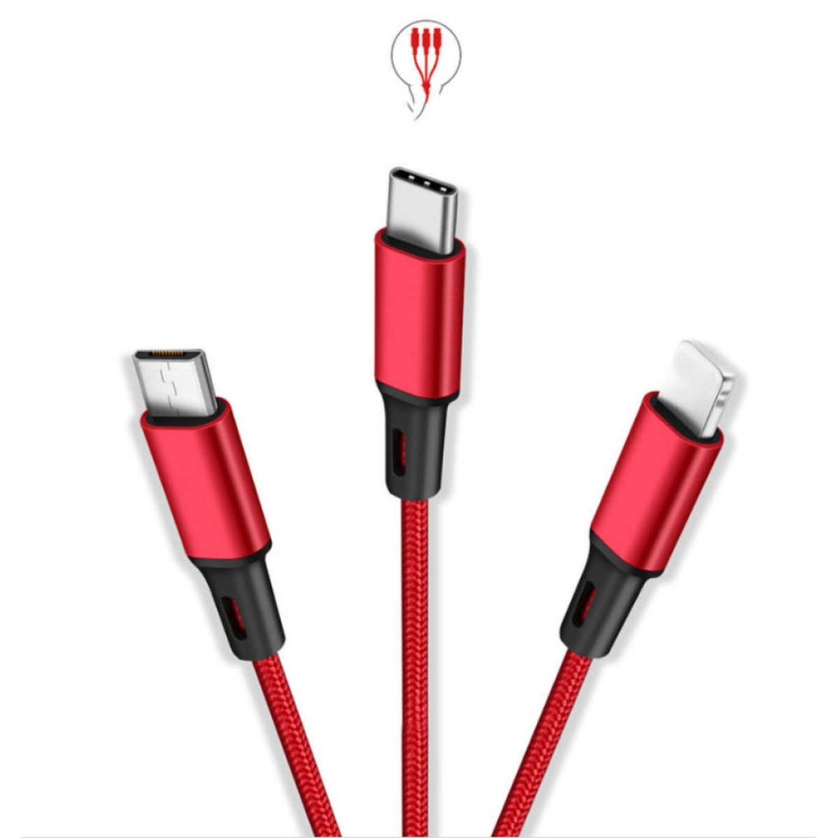 Drei rote Ladekabel mit verschiedenen Anschlüssen: USB-C, Micro-USB und Lightning, auf weißem Hintergrund.
