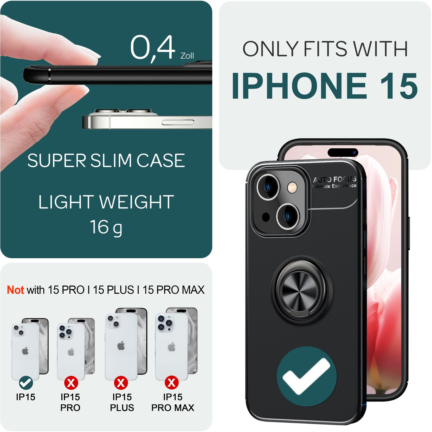 Handyhülle mit Telefon und Text, der angibt, dass sie nur für das iPhone 15 passt. Andere Modelle sind durchgestrichen.