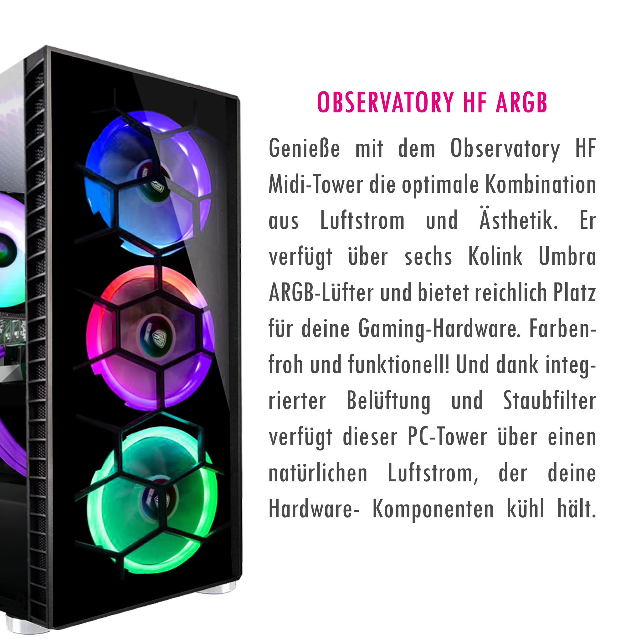 Ein schwarzer Computerturm mit RGB-Lüftern und Text. Er hebt Luftstrom und Ästhetik hervor.