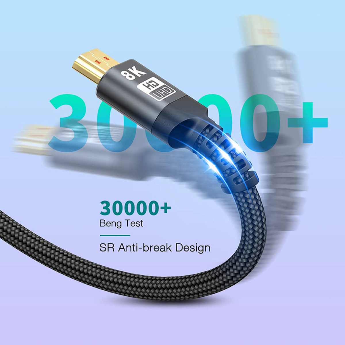 Ein schwarzes und blaues Kabel mit Text, "8K HD UHD" und "30000+". Ein blauer Hintergrund.