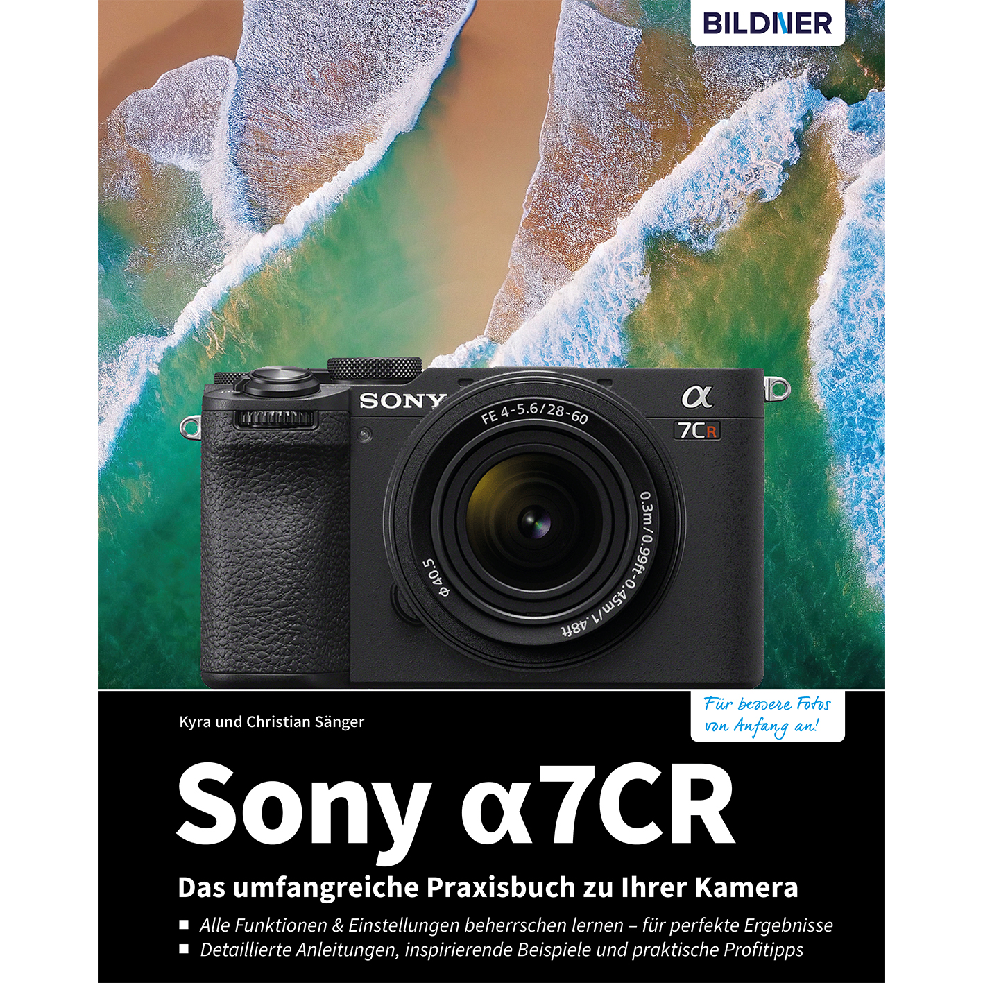Buchcover: Sony α7CR Kamera mit Hintergrund von Meereswellen und Text.